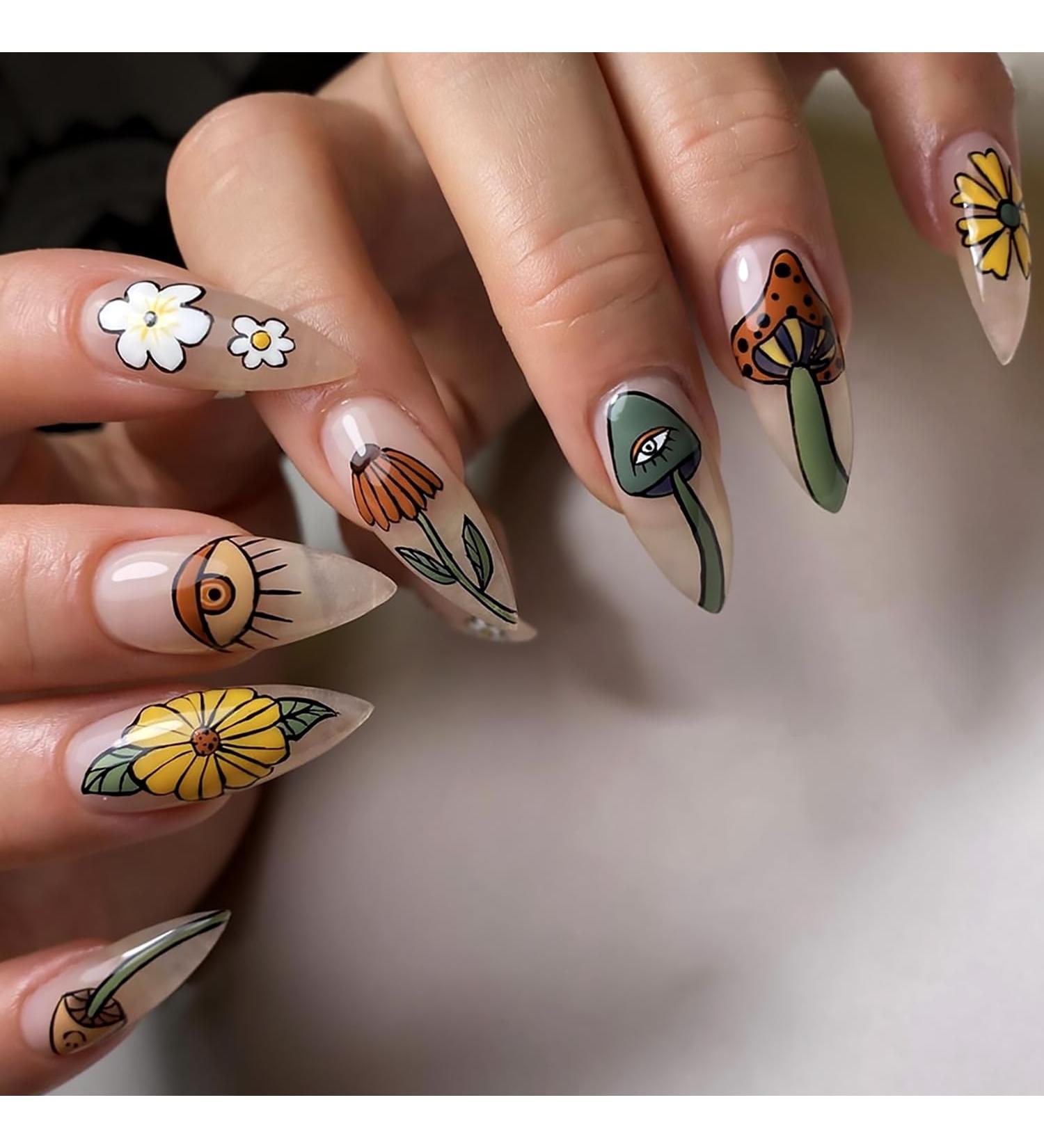 Buy 24 Pcs Long Almond Pointed Mushroom Press on Nails with Daisy Eyes - Full Cover Acrylic Glue on Fake Nails for Women & Girls | International Shipping - Buy Online on GoSupps.com