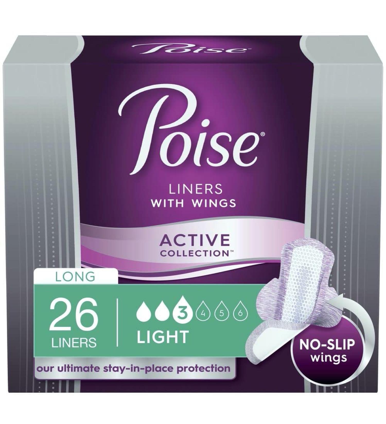 Poise Active Incontince Panty Liners with Wings Long Light 26 Liners 26 Count (Pack of 1)