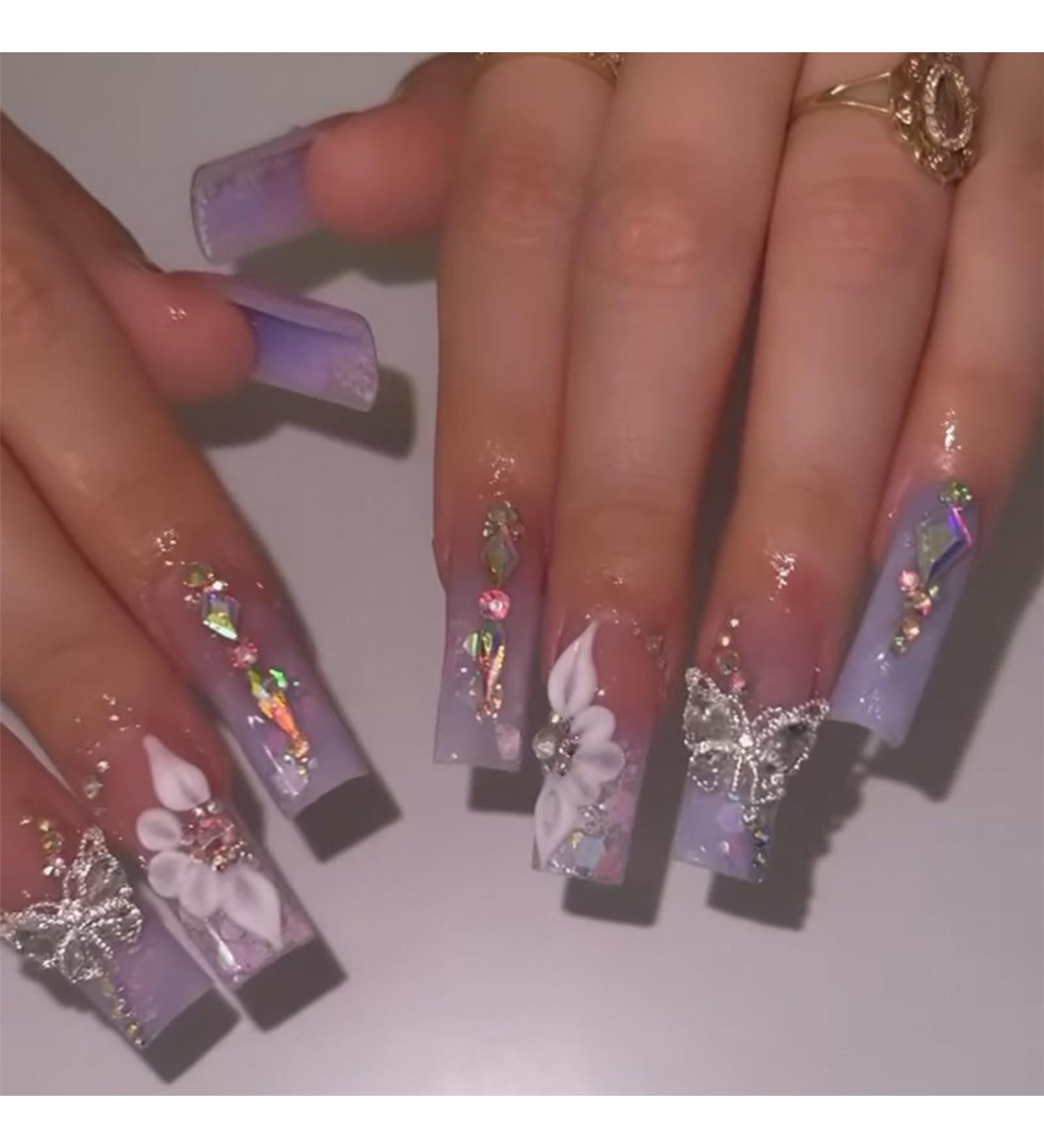 Shop Press on Nails - Long Square Purple Gradient Full Cover with Butterfly Rhinestones | Glossy False Nails Kit - A-18 Purple - Buy Online on GoSupps.com