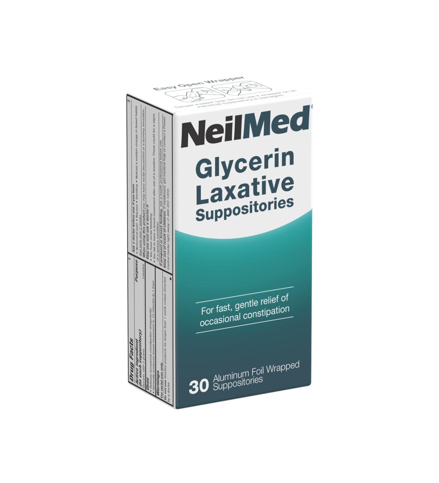 NeilMed Glycerin Laxative Suppositories Gentle Relief from Constipation Fast Acting indivdually Wrapped 30 ct