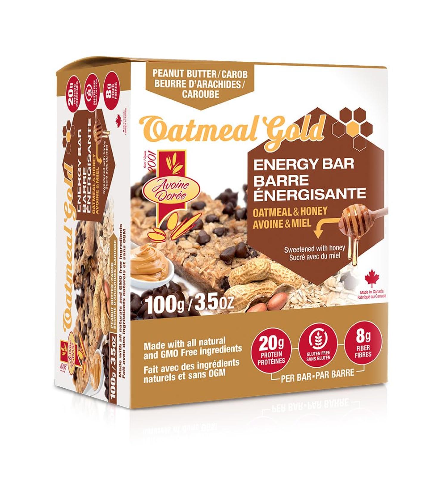 Oatmeal Gold Natural Energy Bars | Energy Bars Made with All Natural & GMO Free Ingredients | Sweetened with Honey | 20g Protein 8g Fiber Omega 3 and 6 Source of Calcium & Iron (Box of 6 Peanut Butter Carob) Peanut Butter Carob Box of 6 - Buy Online on GoSupps.com
