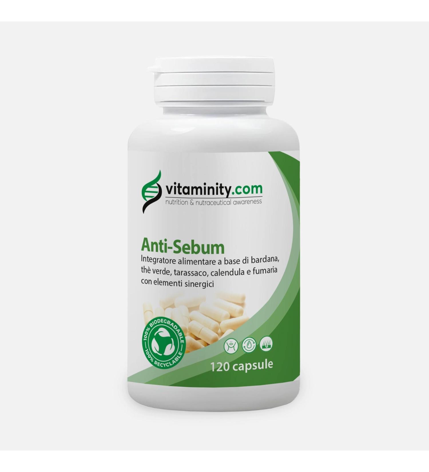  Vitaminity Anti Sebum - Hair and Skin Supplements Against Acne Pimples Seborrheic Dermatitis Oily Skin Oily Hair Anti-Hair Loss Effect for Women and Men - Format of 120 Capsules - Buy Online on GoSupps.com