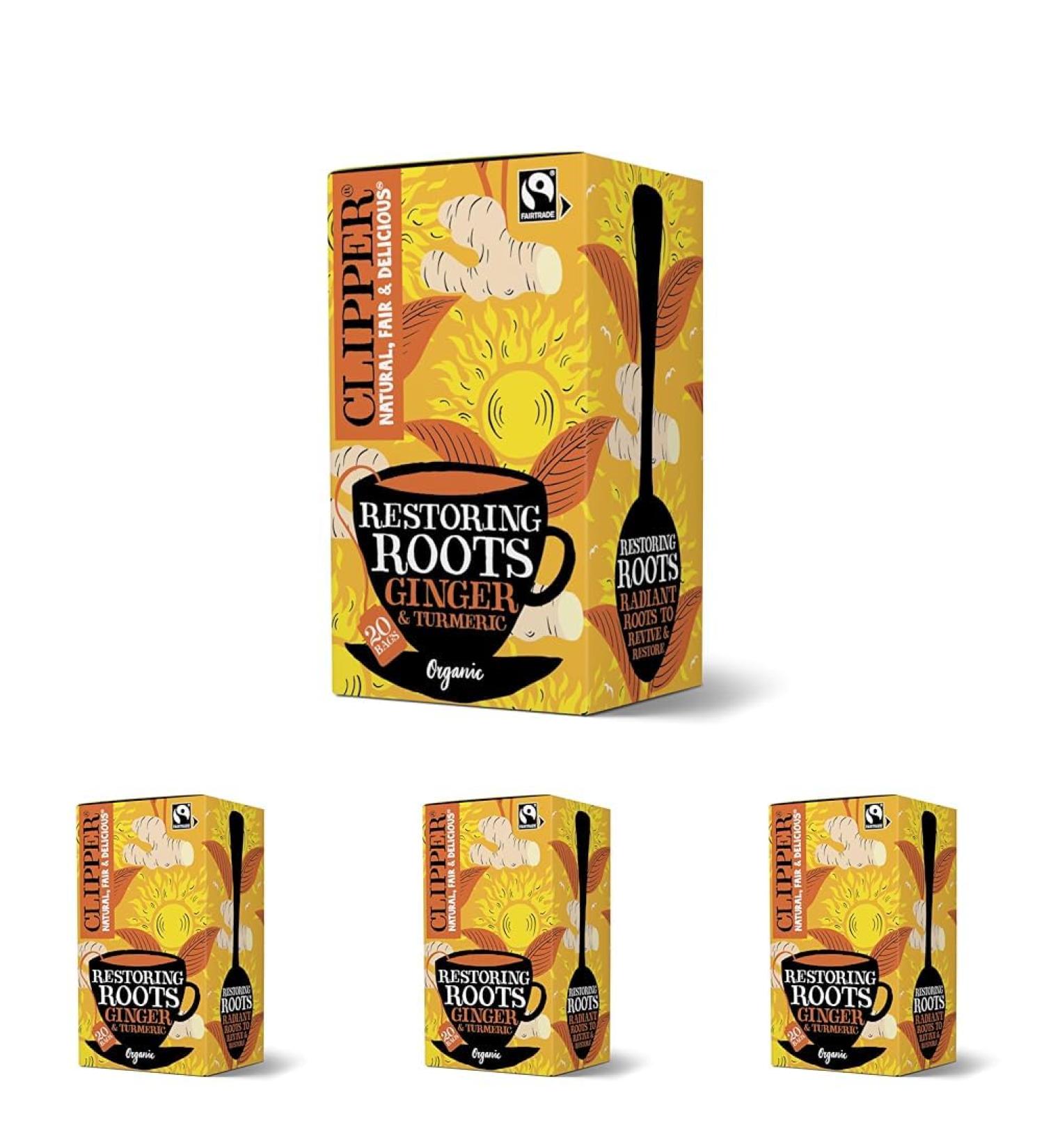 Clipper Organic Restoring Roots Ginger & Turmeric Tea Bags | 20 Tea Infusions in Envelopes | Caffeine Free Teabags | Fairtrade Herbal Tea Bags | Natural Unbleached Plant-Based & Biodegradable Sachets - Buy Online on GoSupps.com