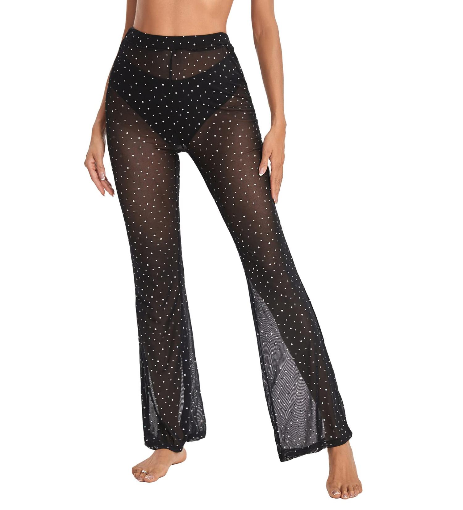 Verdusa Women's Rhinestone Mesh Rave Pants - High Waist Flared Bell Dance Bottom in Black - Size Large - Buy Online on GoSupps.com