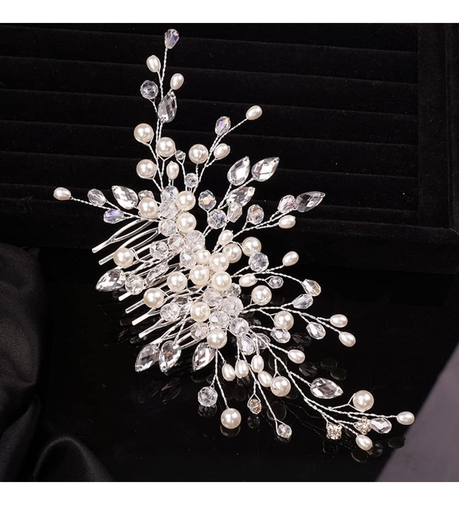 Teyglen Crystal Bridal Hair Comb - Silver Wedding Pearl Rhinestone Hair Piece for Bride - Buy Online on GoSupps.com