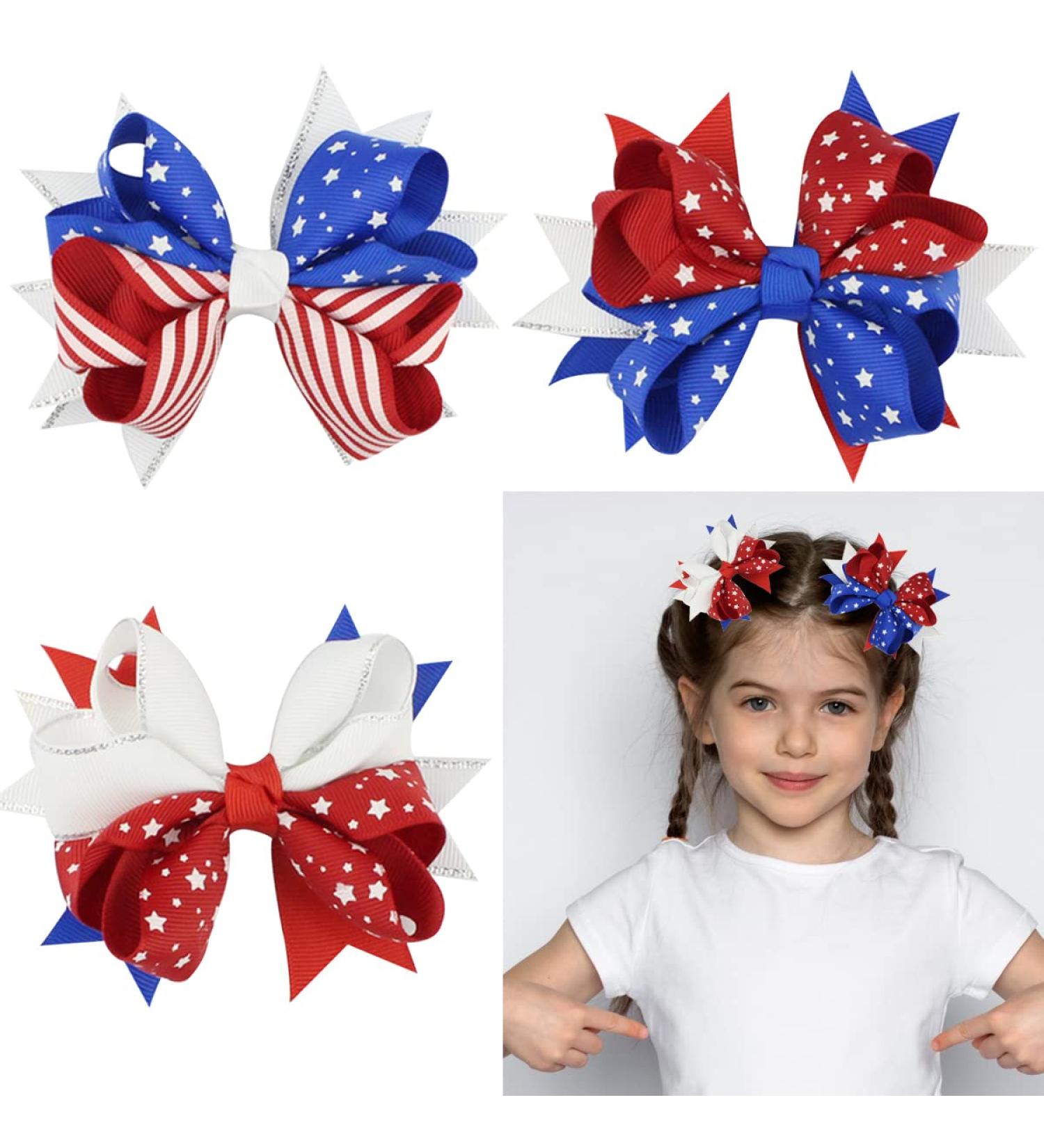 4th of July Patriotic Hair Barrettes - White Blue Red Bows Alligator Clips Set - Buy Online on GoSupps.com