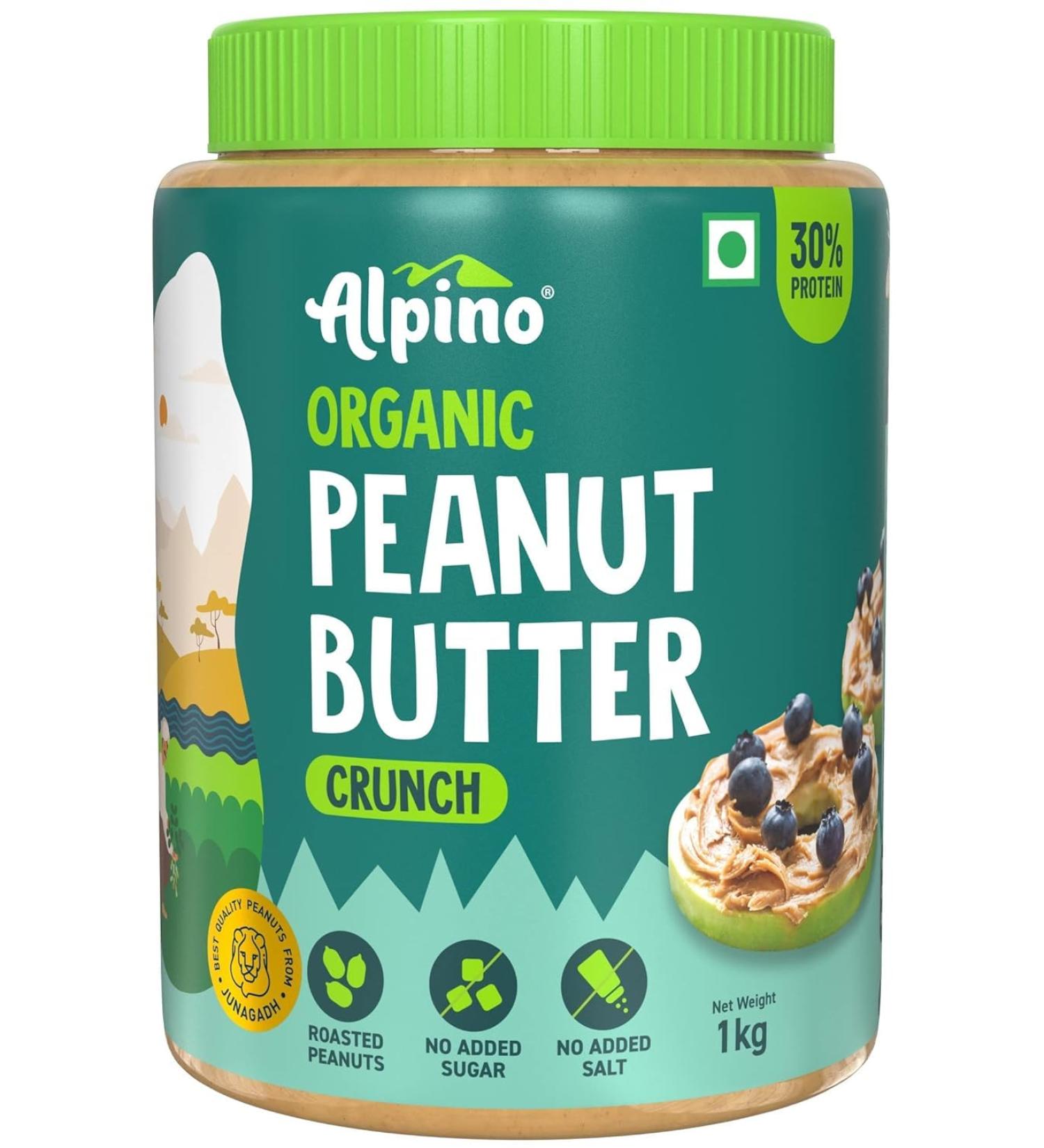 ALPI NO Organic Natural Peanut Butter Crunch - 100% Roasted Organic Peanuts - 30g Protein No Added Sugar & Salt Gluten Free Plant Based Unsweetened Peanut Butter Crunchy (1 KG) - Buy Online on GoSupps.com