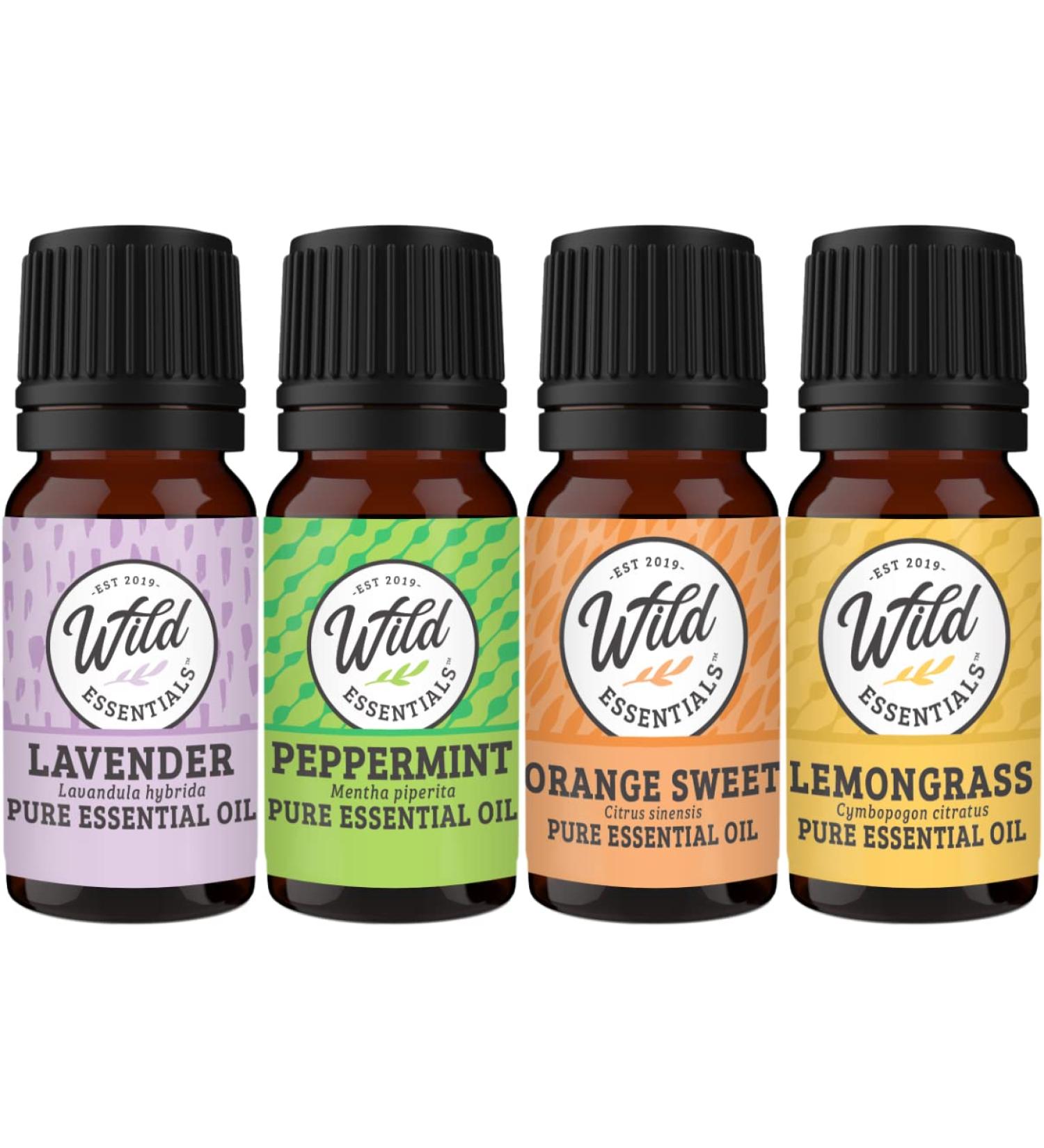 Wild Essentials 4-Piece Therapeutic Grade Essential Oil Sampler Set | Aromatherapy Gift Set - Lavender Peppermint Lemongrass Orange - 100% Pure 5ml Bottles - Buy Online on GoSupps.com