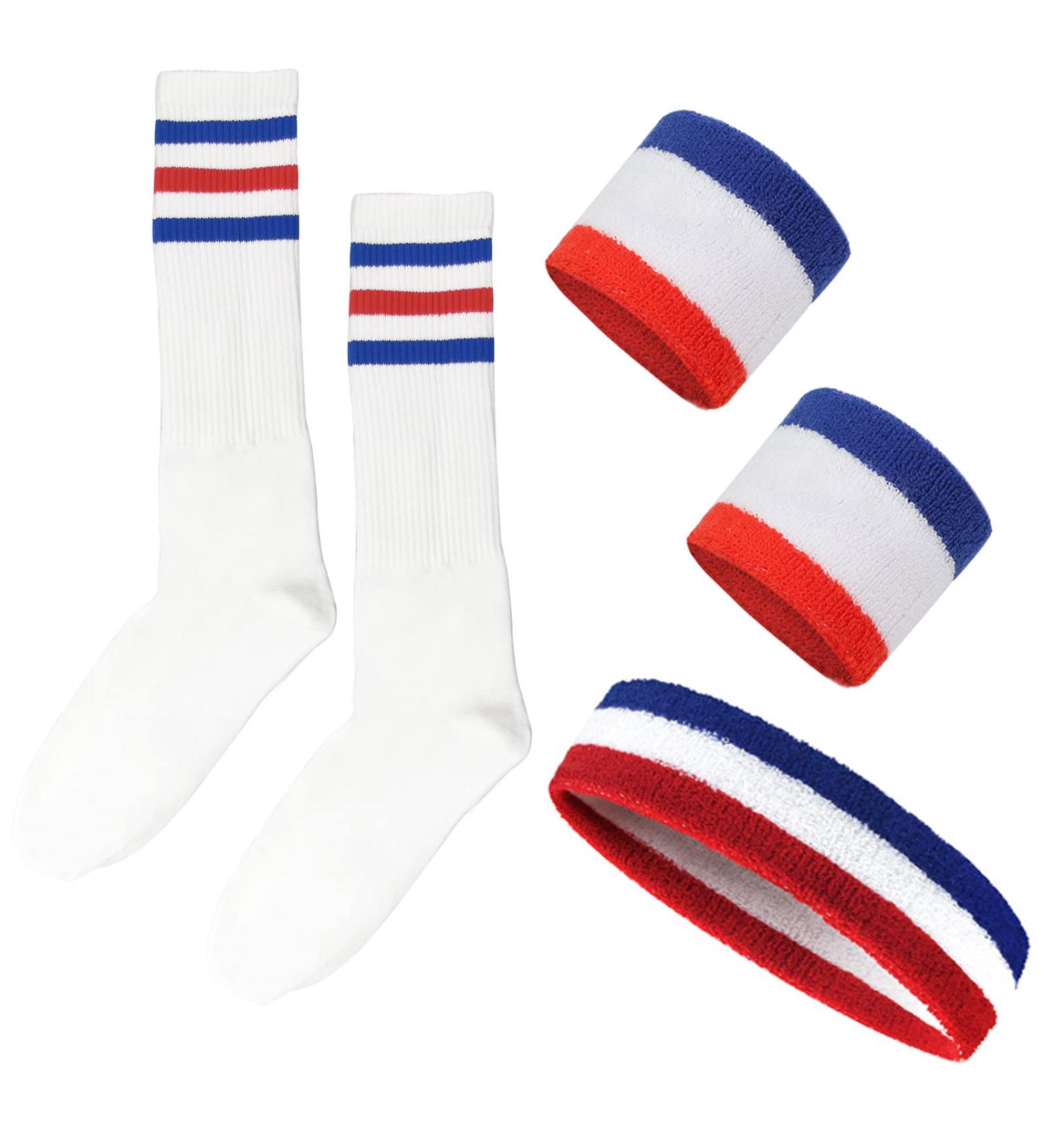 5 Pieces Red White and Blue Sweatbands Set Striped Sweatbands and Striped Socks Set 80s Sweatbands 90s Costume Wrist Sweat Bands for Men and Women Sports Headbands 80s Fitness - Buy Online on GoSupps.com