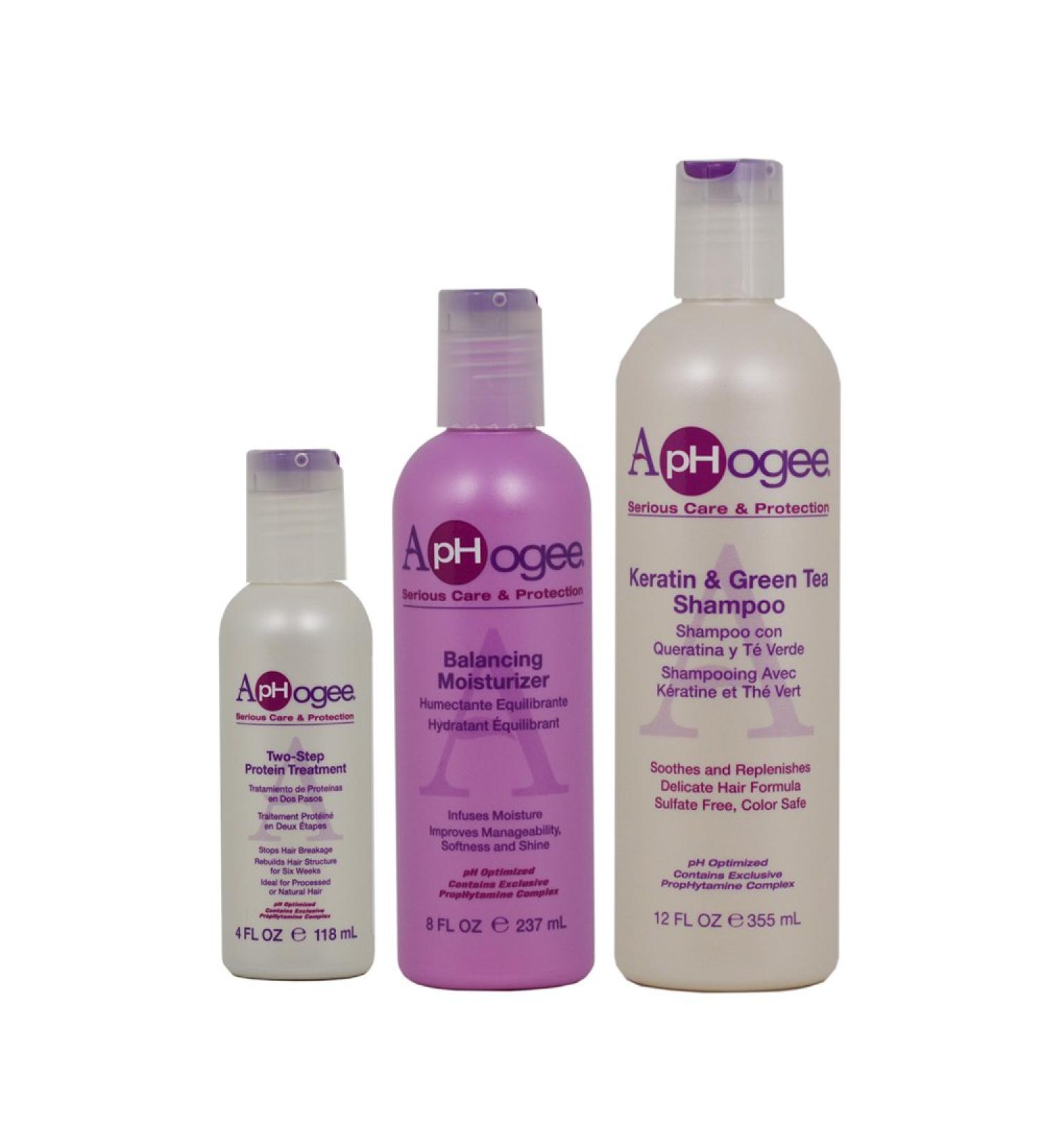 ApHogee Two-Step Protein Treatment 4oz + Balancing Moisturizer 8oz + Keratin & Green Tea Shampoo 12ozSet