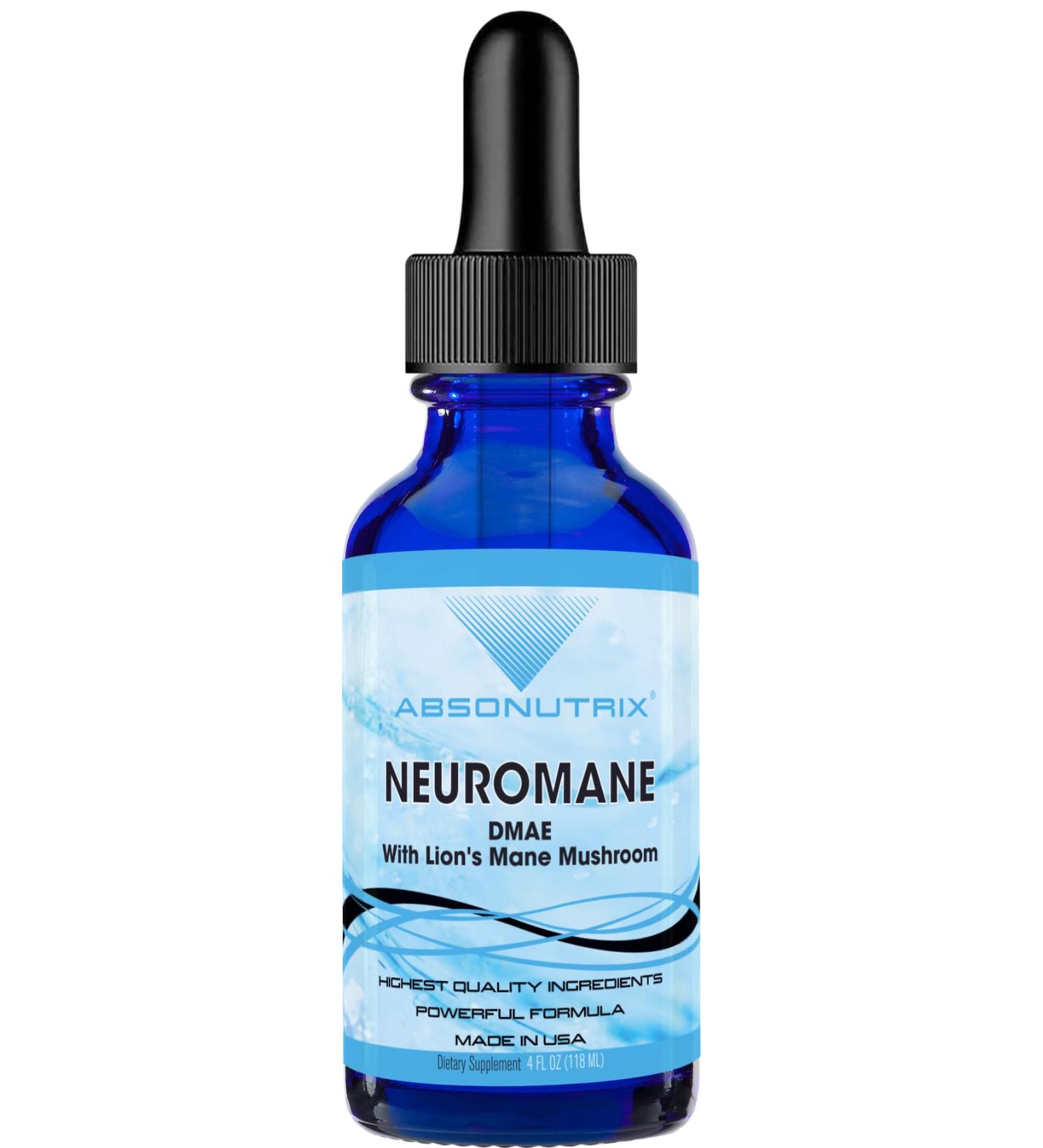Absonutrix NeuroMane Dmae with Lions Mane Mushroom Liquid 390 mg 4 FL OZ Liquid 302 Servings Made in USA Plant-Based Ingredients Green Tea Extract Lion's Mane Gluten-Free Non-GMO - Buy Online on GoSupps.com