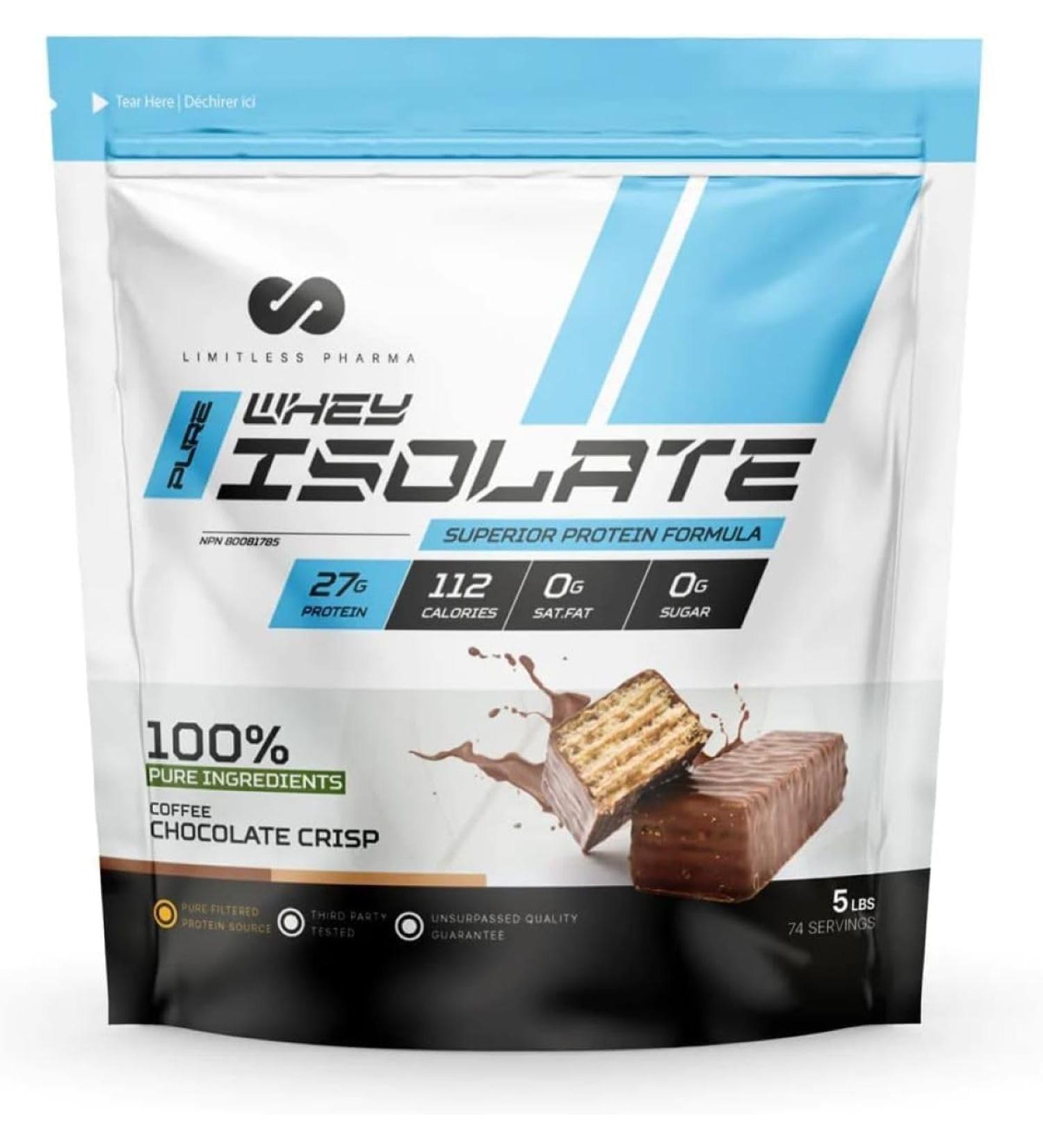 Limitless Pharma Pure Whey Isolate | High Protein Whey Isolate Protein Powder | 27g Protein 6g BCAAs Sugar Free Gluten Free Low Carb Low Lactose | 74 Servings 5LB (Coffee Chocolate Crisp) Coffee Chocolate Crisp 5LB - Buy Online on GoSupps.com