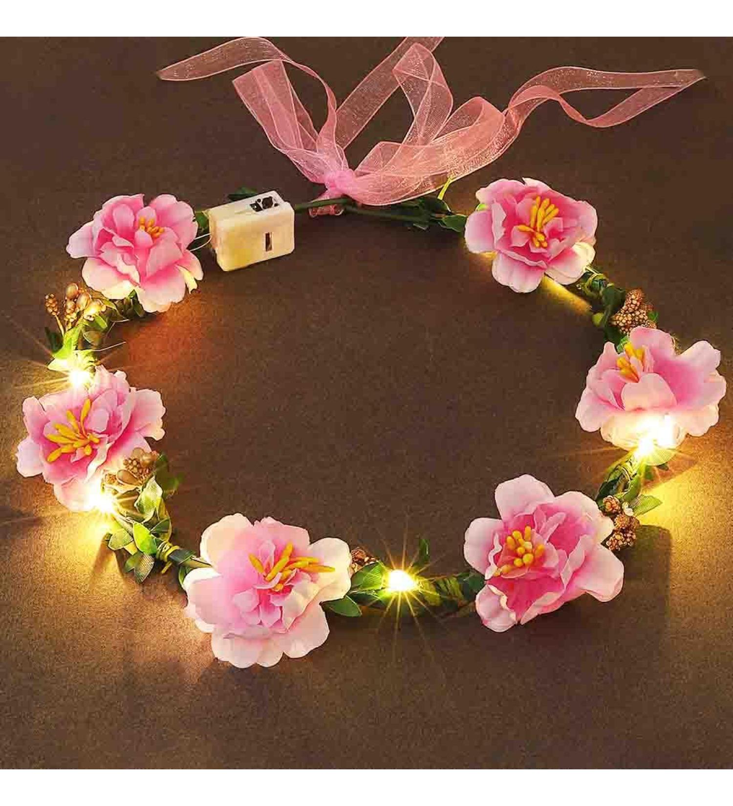 Edary LED Flower Crown Headband Light Up Wreath Headdresse Bridal Floral Festival Headpiece Halloween Party Hair Accessories for Bride Women Girls (Pink) - Buy Online on GoSupps.com