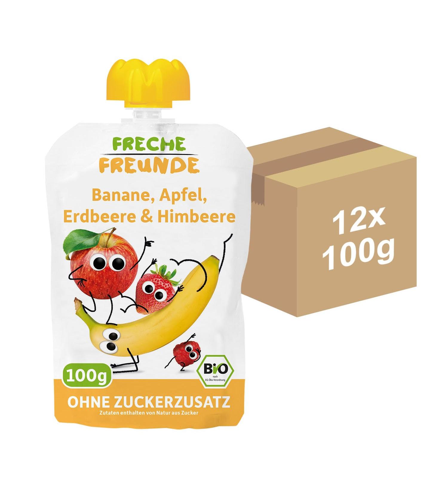 Cheeky Friends Bio Quetschie Fruit Puree for Kids - Banana Apple Strawberry & Raspberry - Vegan Gluten-Free - 12 x 100g Squeeze Bags (2x 6 Pack) Perfect for Babies 6 Months+ - Buy Online on GoSupps.com