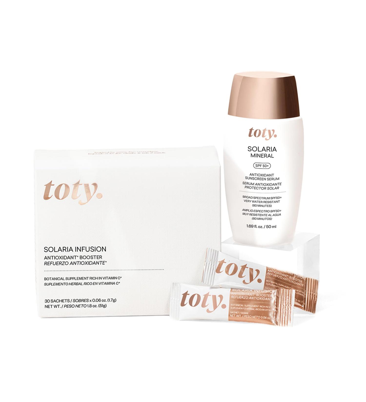 Toty Solaria Mineral SPF 50+ Sunscreen Serum & Antioxidant Booster Pack - Tinted Broad Spectrum Sunscreen & Daily Supplement - 50ml + 30 Sachets - Buy Online on GoSupps.com