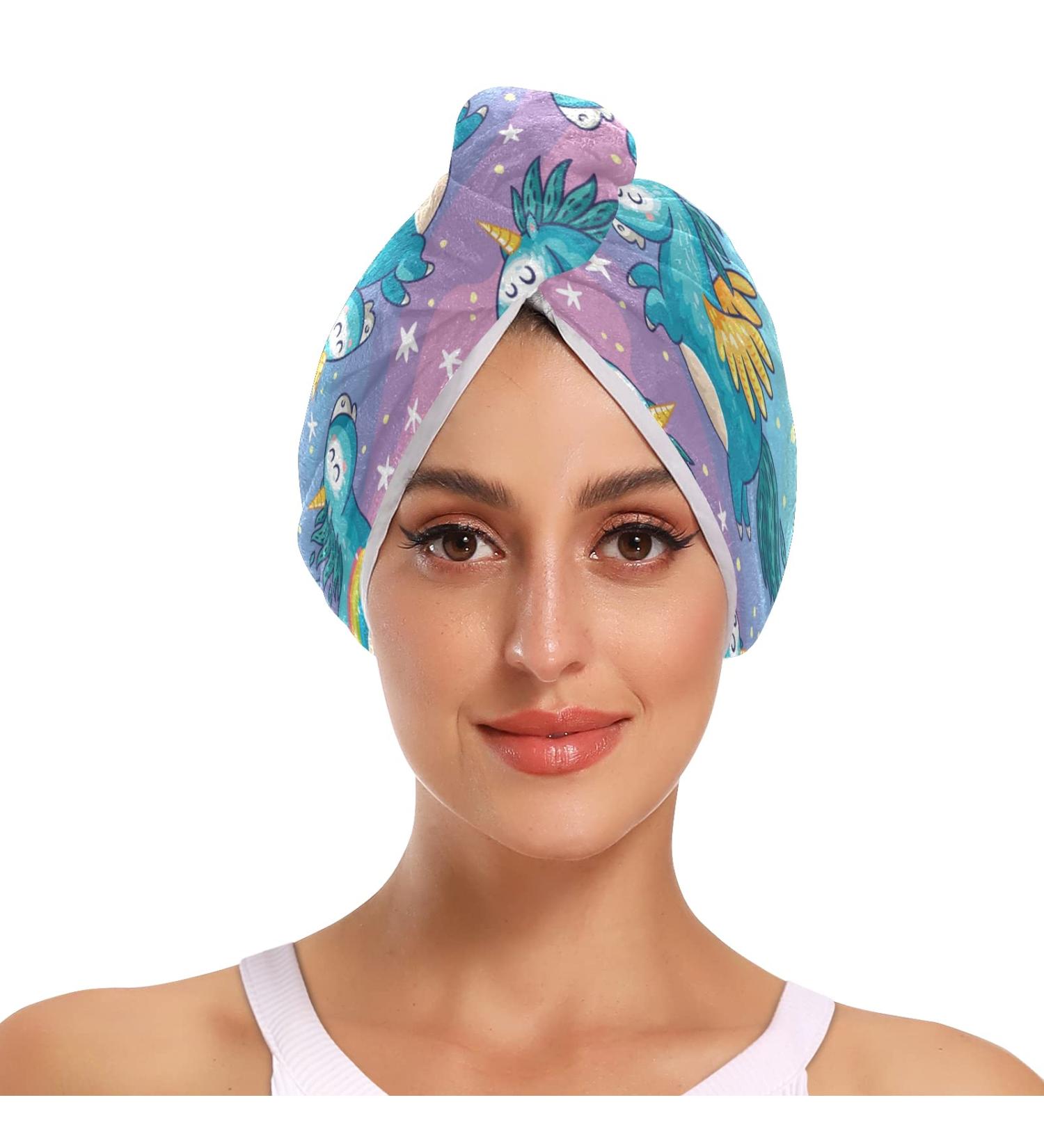 Unicorns Flying in Rainbow Sky Hair Drying Towels - Microfiber Hair Turbans for Curly Hair | 2 Pack for Women - Buy Online on GoSupps.com