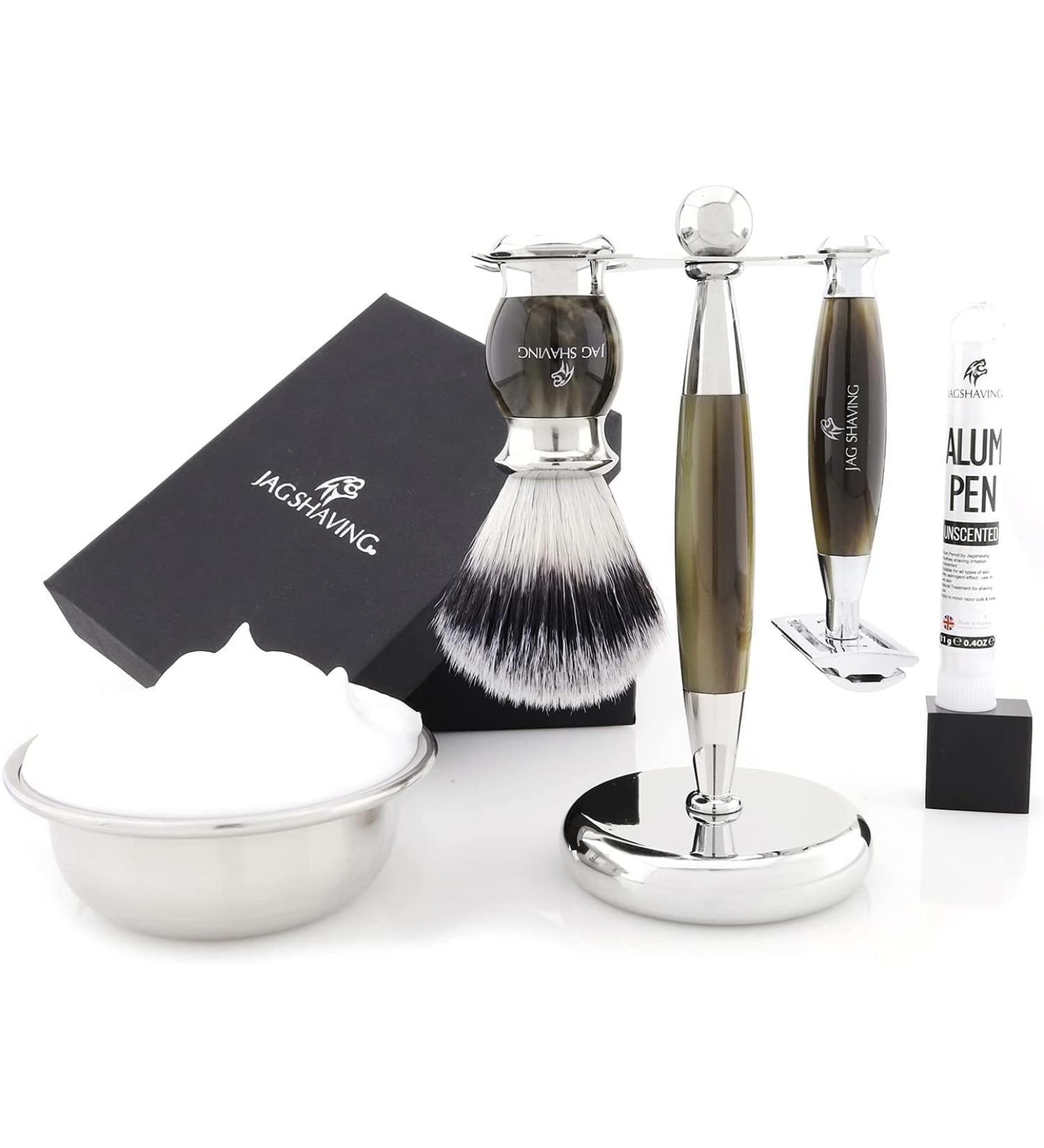 JAG Shaving Razor Set - Premium 4-Part Set with Synthetic Brush & Double Edge Razor - Green Horn Imitation - Perfect for International Shipping - Buy Online on GoSupps.com