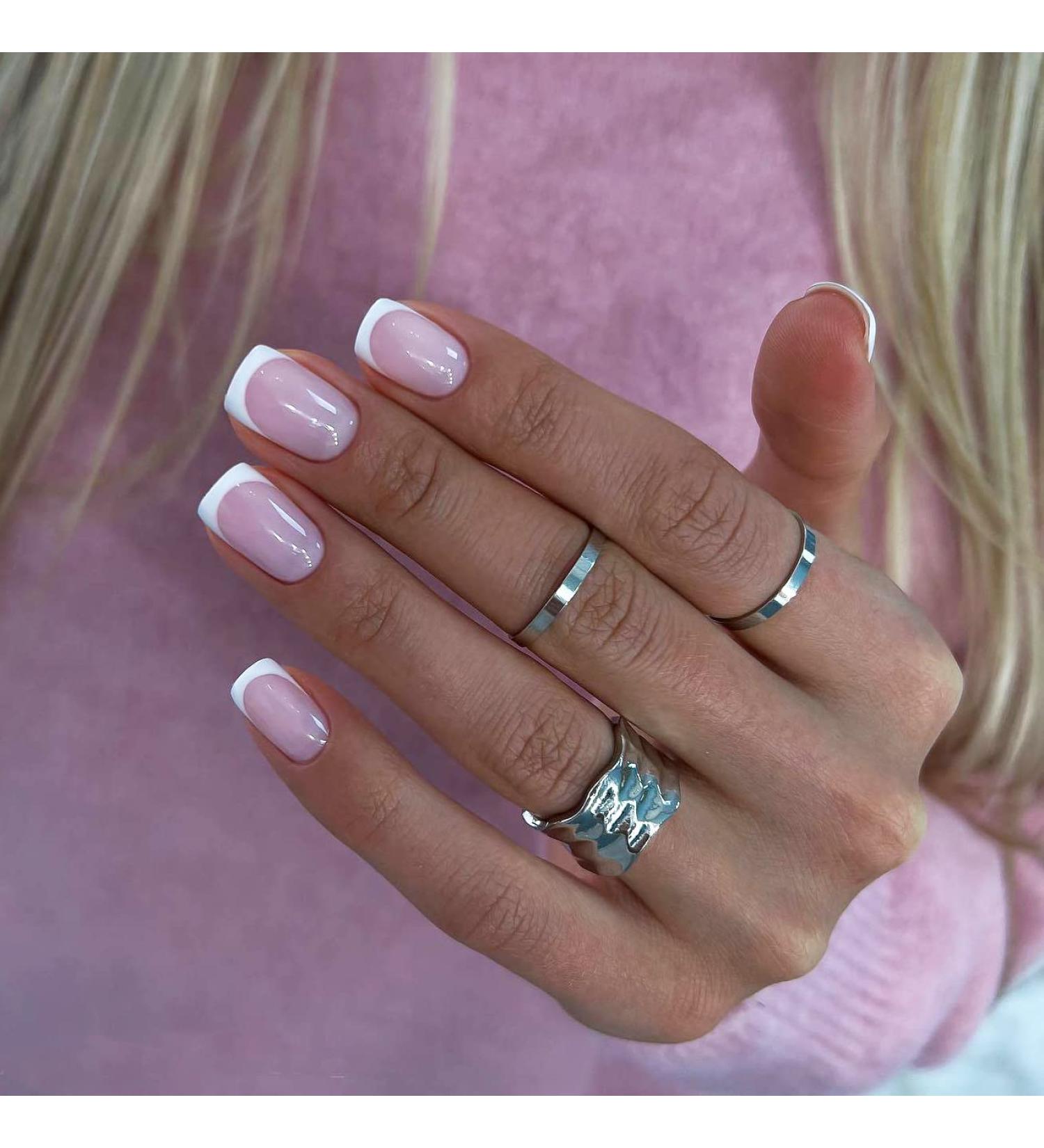 Mouyouglow Press On Nails - Short Square Rose Nude Pink Full Cover Artificial Nails with Glue | White French Tip Acrylic Fake Nails for Women & Girls - Buy Online on GoSupps.com