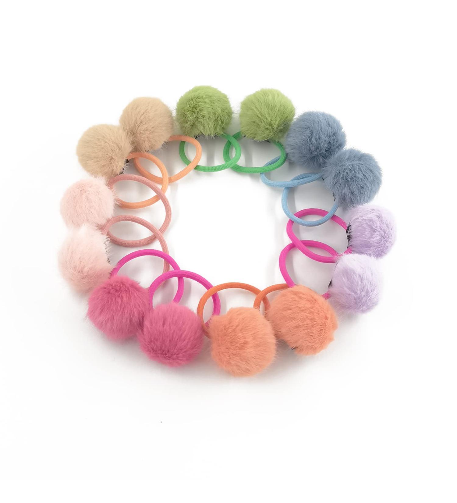 Pom Pom Hair Ties - 14 Pcs Elastic Ponytail Holders for Girls in 7 Colors - Buy Online on GoSupps.com