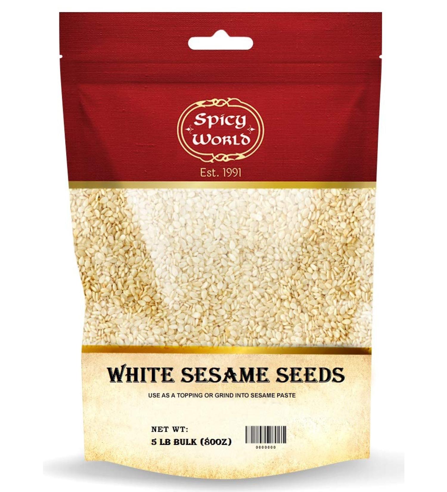 Spicy World White Sesame Seeds 5 lb Bulk Bag - Hulled Till for Quality and Freshness - Buy Online on GoSupps.com