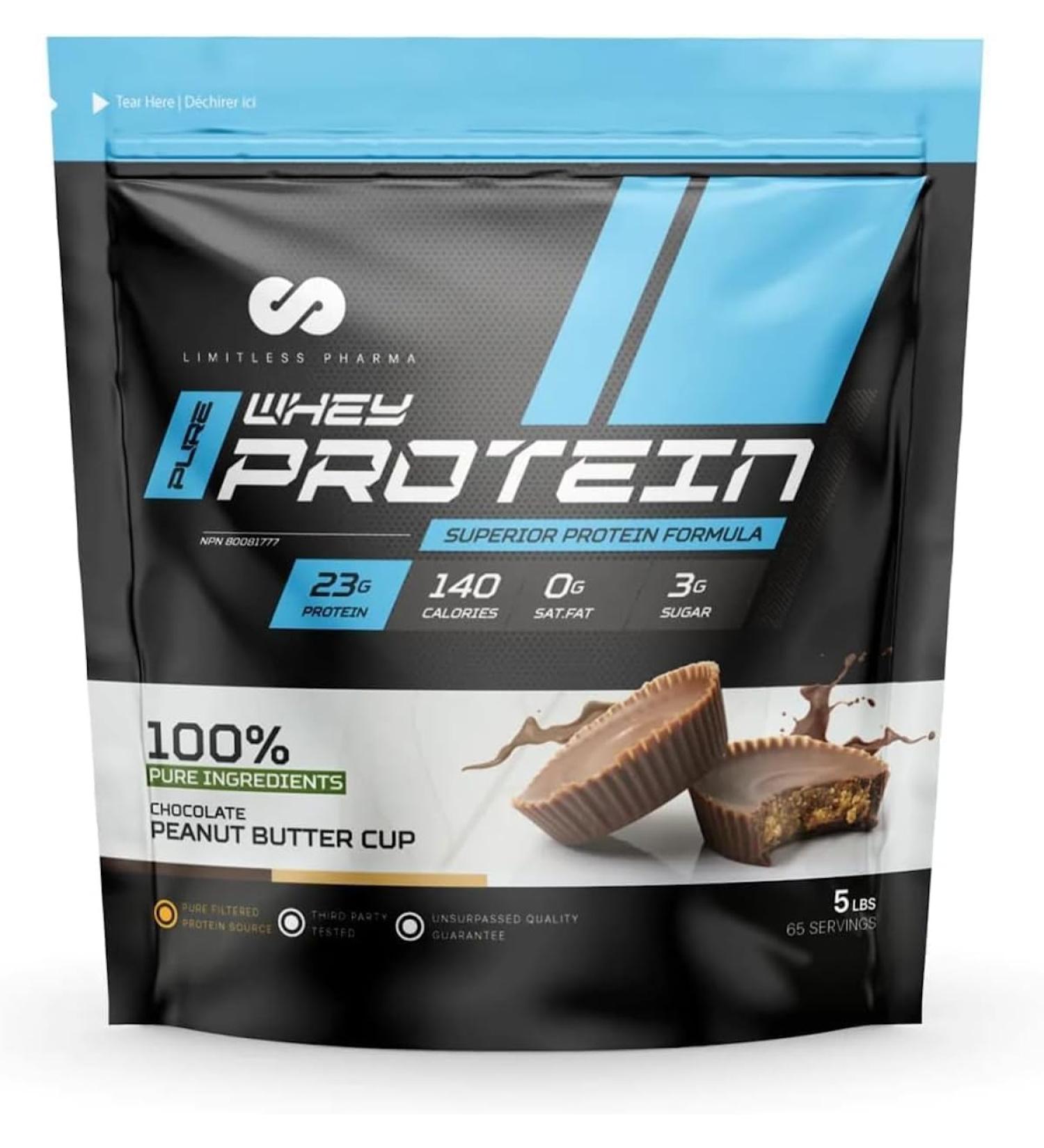 Limitless Pharma Pure Whey Protein | High Protein Whey Concentrate Protein Powder | 23g Protein 6g BCAAs Gluten Free Low Sugar Low Carb Low Lactose | 65 Servings 5LB (Chocolate Peanut Butter) Chocolate Peanut Butter 5LB - Buy Online on GoSupps.com