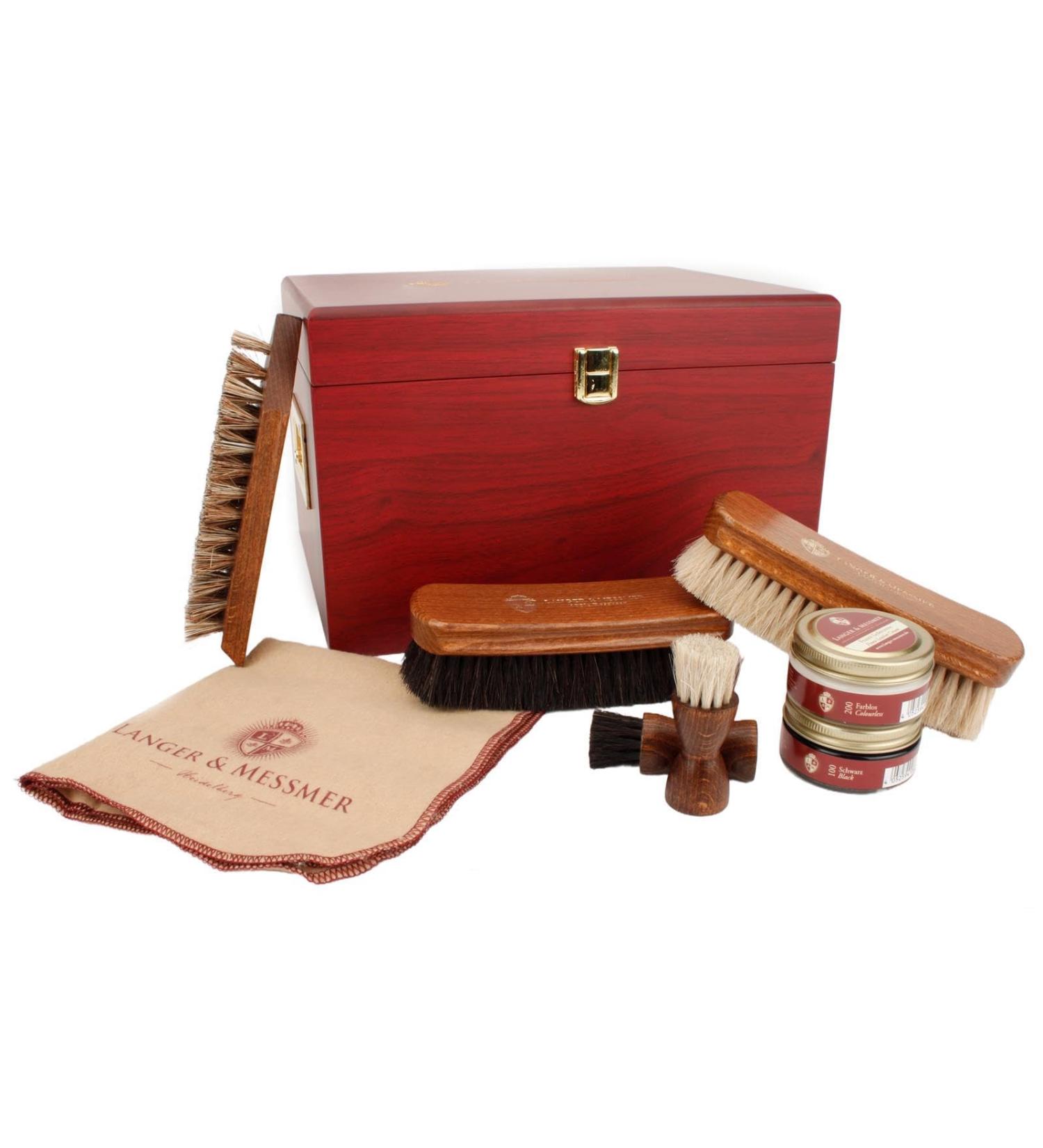 Langer & Messmer High-Quality Munich Shoe Shine Box Available Without Contents or with Multi-Piece Care Set Wooden Shoe Shine Box with Leather Care Creams Shoe Brushes & Cotton Cloths (Mahogany | - Buy Online on GoSupps.com
