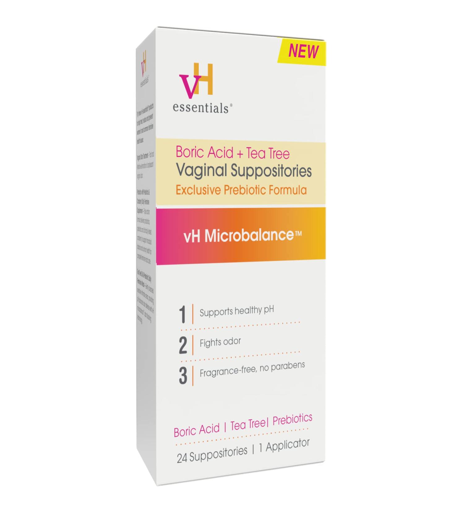 vH Essentials Boric Acid & Tea Tree Vaginal Suppositories - pH Balance & Odor Control - Feminine Care - 24 Suppositories + Applicator - 2.4 oz - Buy Online on GoSupps.com