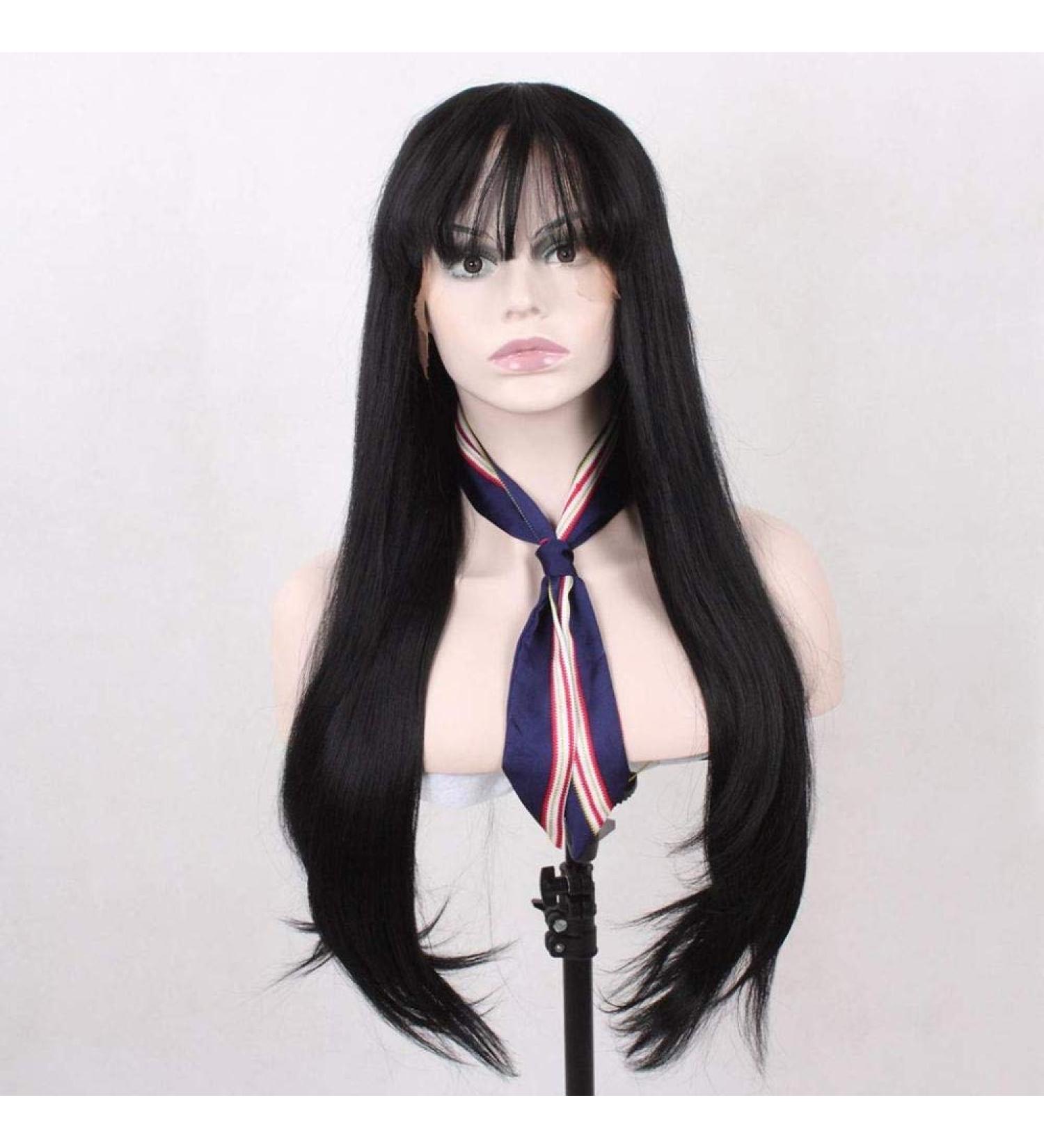 Buy 18-Inch Heat Resistant Synthetic Lace Front Wigs for Women - Long Straight Black Hairpieces with Bangs for Daily & Party Use - Buy Online on GoSupps.com