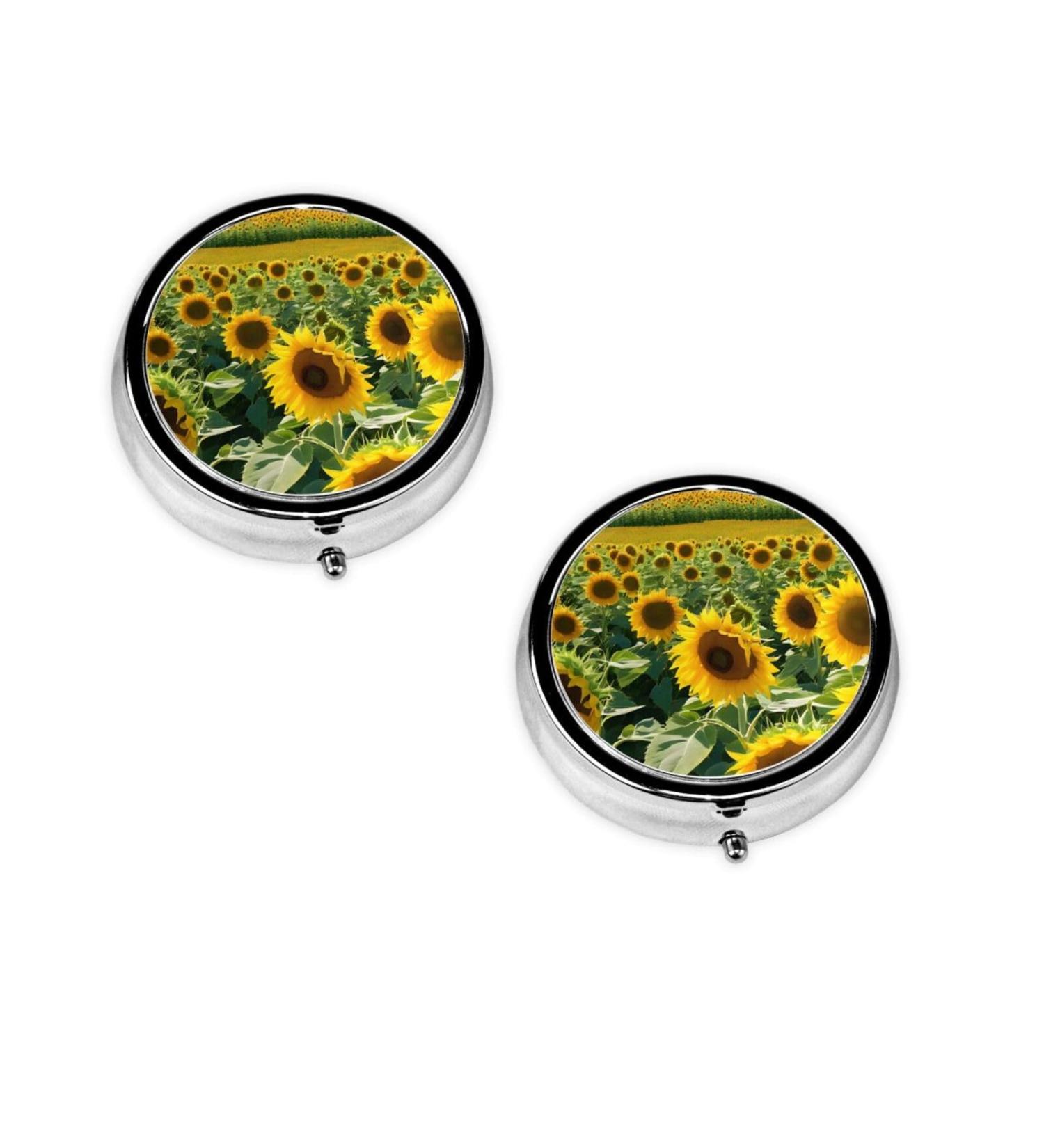 Beautiful Sunflower Round Pill Box - 3 Compartment Travel Organizer for Vitamins & Medications - Buy Online on GoSupps.com