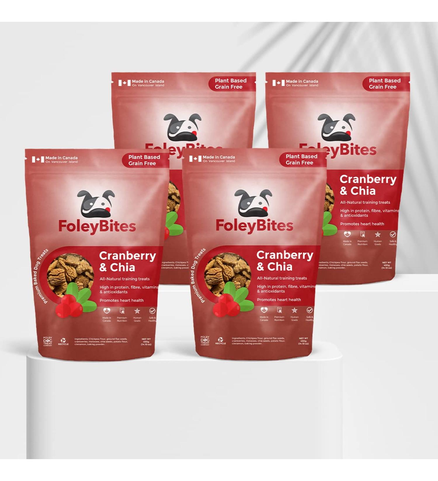 Foley Bites Cranberry & Chia (4-Pack) Premium Baked Dog Treats Made in Canada All- Natural Ingredients Plant Based Grain Free Human Grade Vegan Dog & Puppy Training Treats 400g / 14.1oz Foley Bites Cranberry & Chia 400 g (Pack of 4) - Buy Online on GoSupps.com