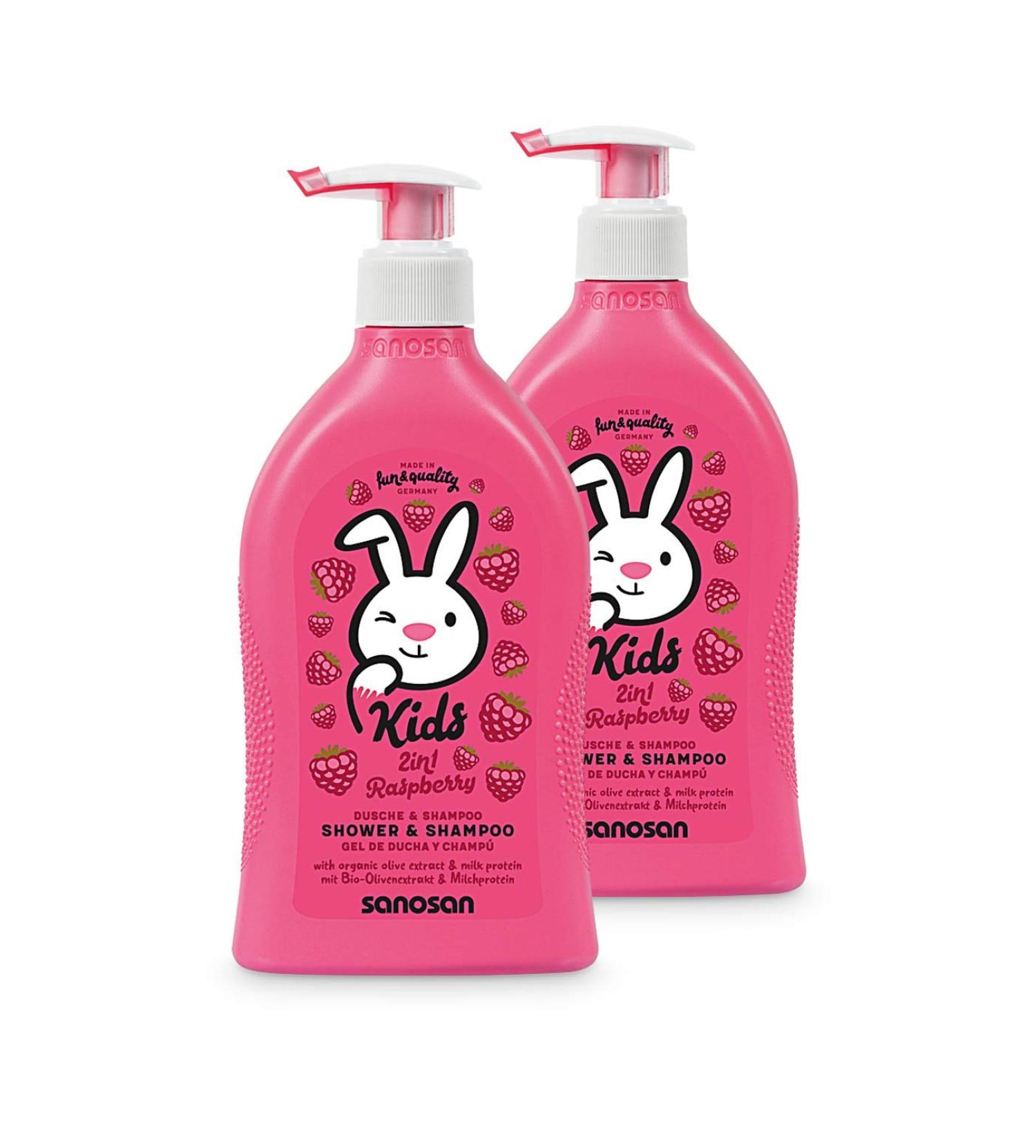 Sanosan 2in1 Shower & Shampoo Raspberry for Children - Organic Olive Extract & Milk Protein | 2-Pack (2x 400ml) - Hair & Skin Care Solution - Buy Online on GoSupps.com