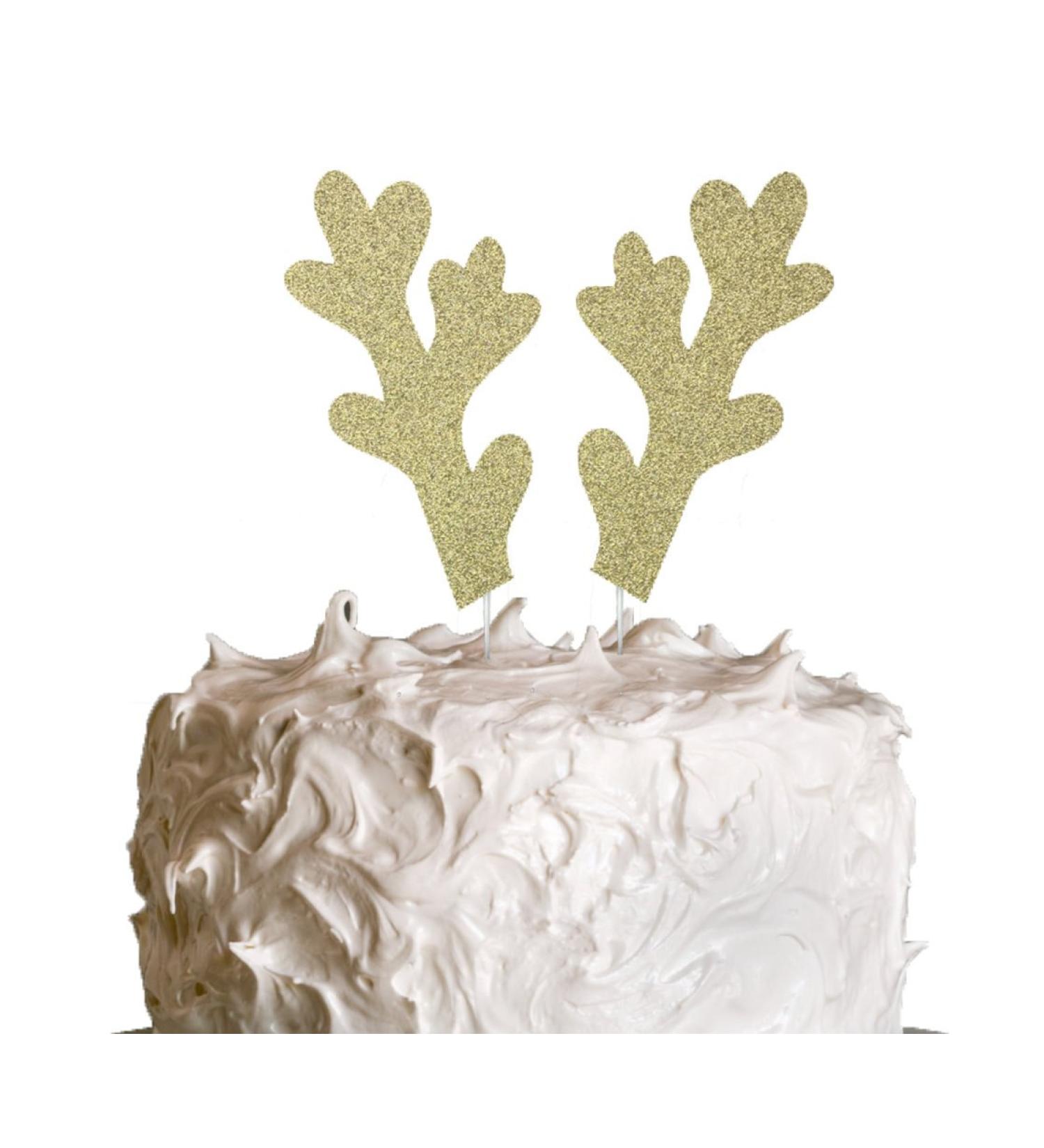 Reindeer Antlers Christmas Cake Topper - Glitter Xmas Cake Topper - Glittery Gold