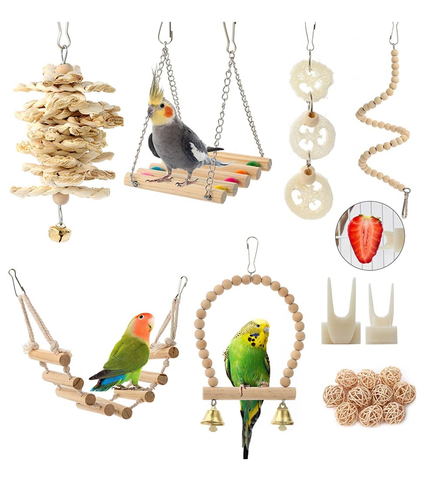 Bird Parrot Toys Swing Hanging - 18 Piece Set for Parakeets, Cockatiels, Lovebirds, Conures, Budgie, Macaws, Finches and Small Pets - Cage Accessories with Perch, Ladder, Chewing Toys, Hammock - Buy Online on GoSupps.com