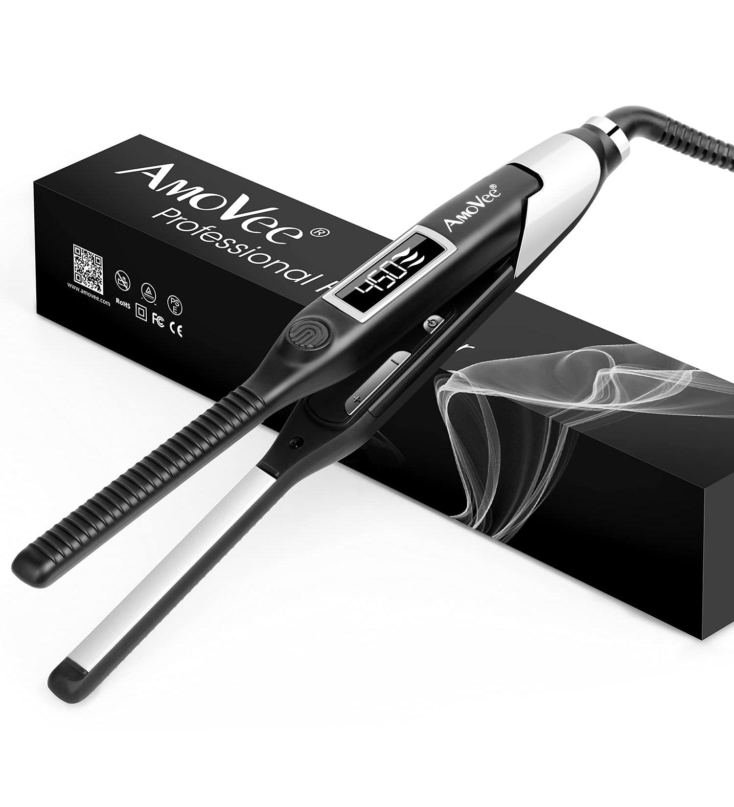 AmoVee Mini Pencil Flat Iron - Small Hair Straightener for Short Hair & Pixie Cuts with Digital Temp Control - Dual Voltage - Black - Buy Online on GoSupps.com