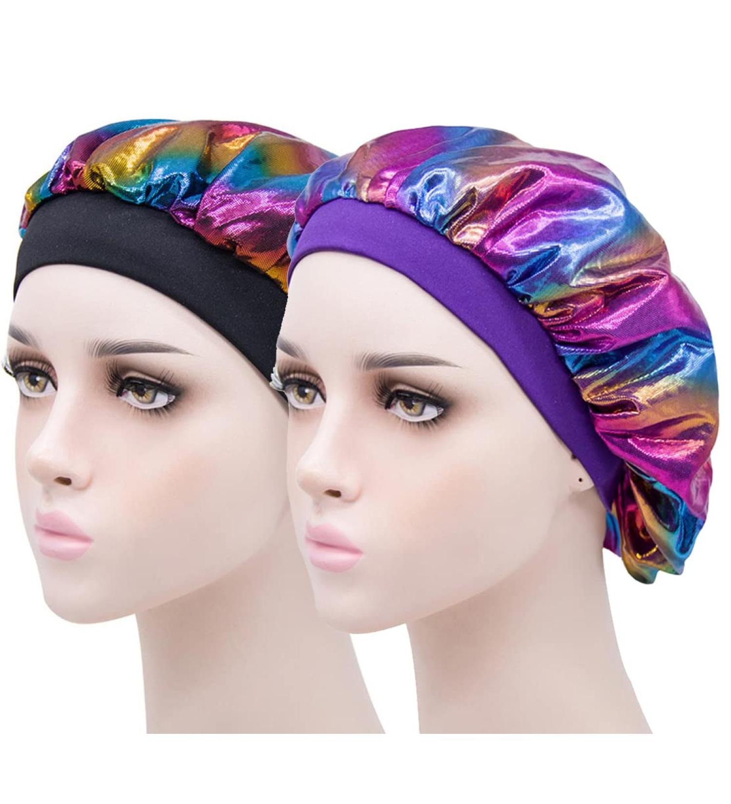 Girls Satin Sleep Bonnets for Curly Hair | Colorful Black+Purple Kids Night Caps - Buy Online on GoSupps.com