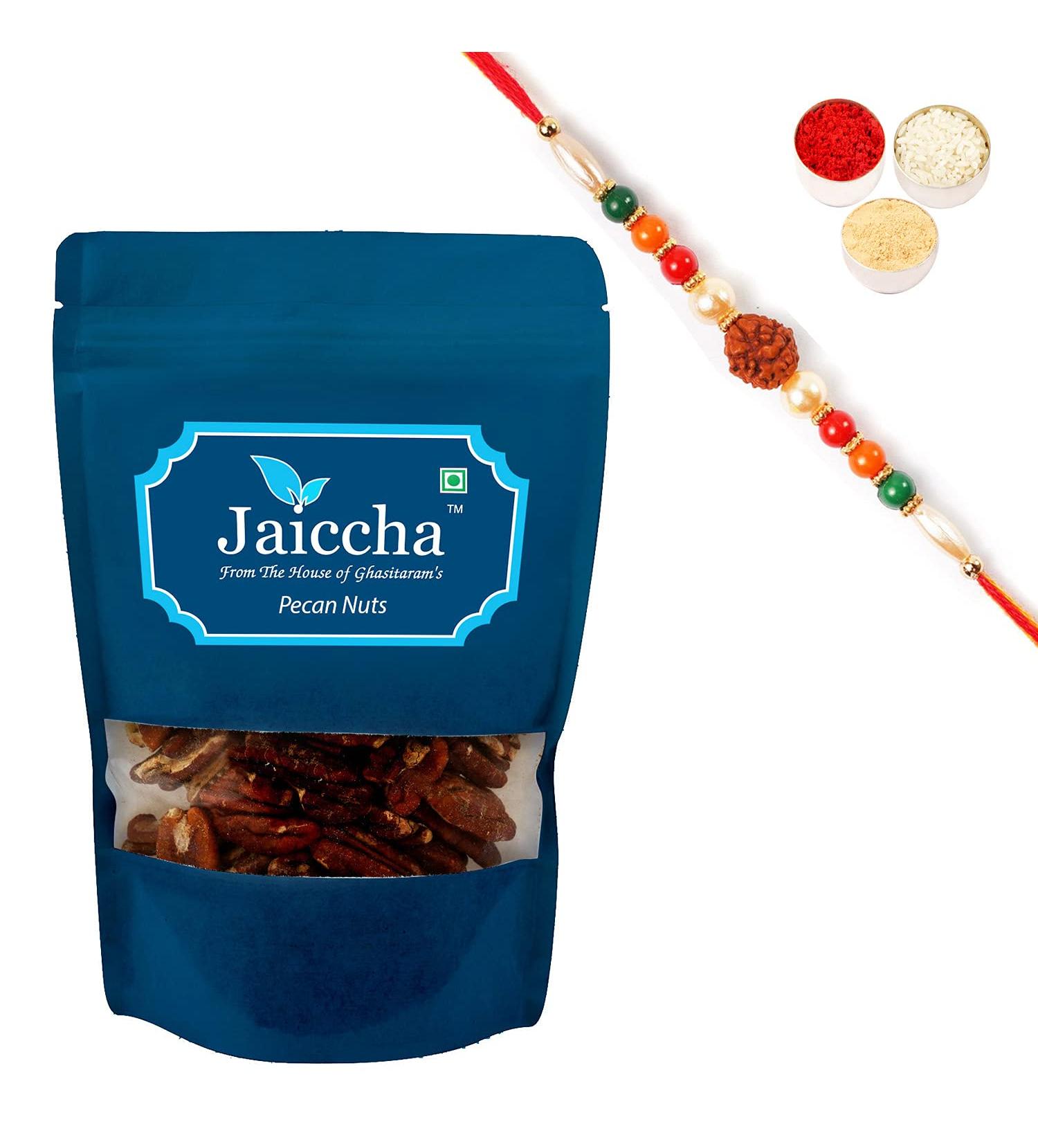 Jaiccha Ghasitaram Rakhi Gifts for Brothers Rakhi Dryfruits - Pecan Nuts 200 GMS in White Paper Pouch with Rudraksh Rakhi - Buy Online on GoSupps.com