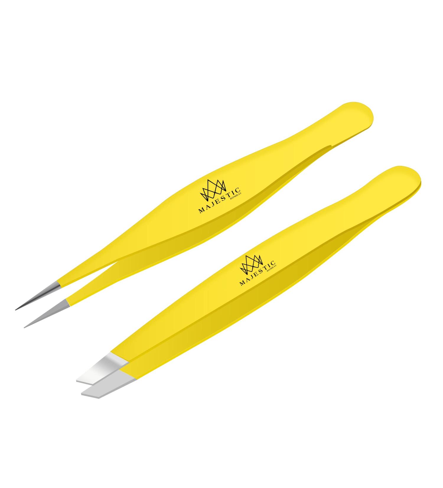 Majestic Bombay Yellow Fine Point & Slant Tweezers Set for Precision Hair Removal â€“ Stainless Steel, Ideal for Splinters, Ticks, & Brow Grooming - Buy Online on GoSupps.com