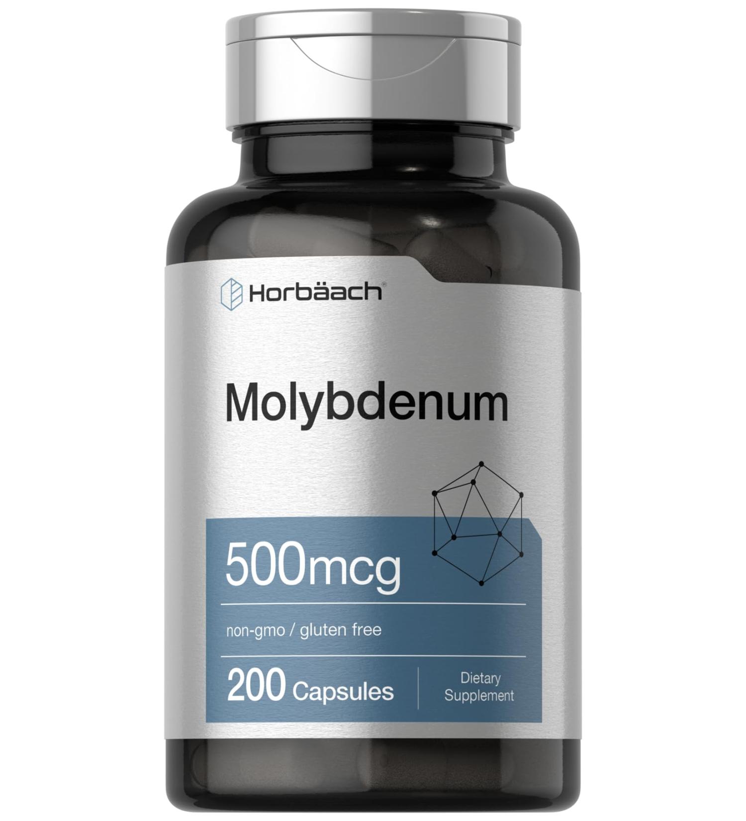 Horbaach Molybdenum Supplement | 500mcg | 200 Capsules | Amino Acid Chelate | Non-GMO Gluten Free - Buy Online on GoSupps.com