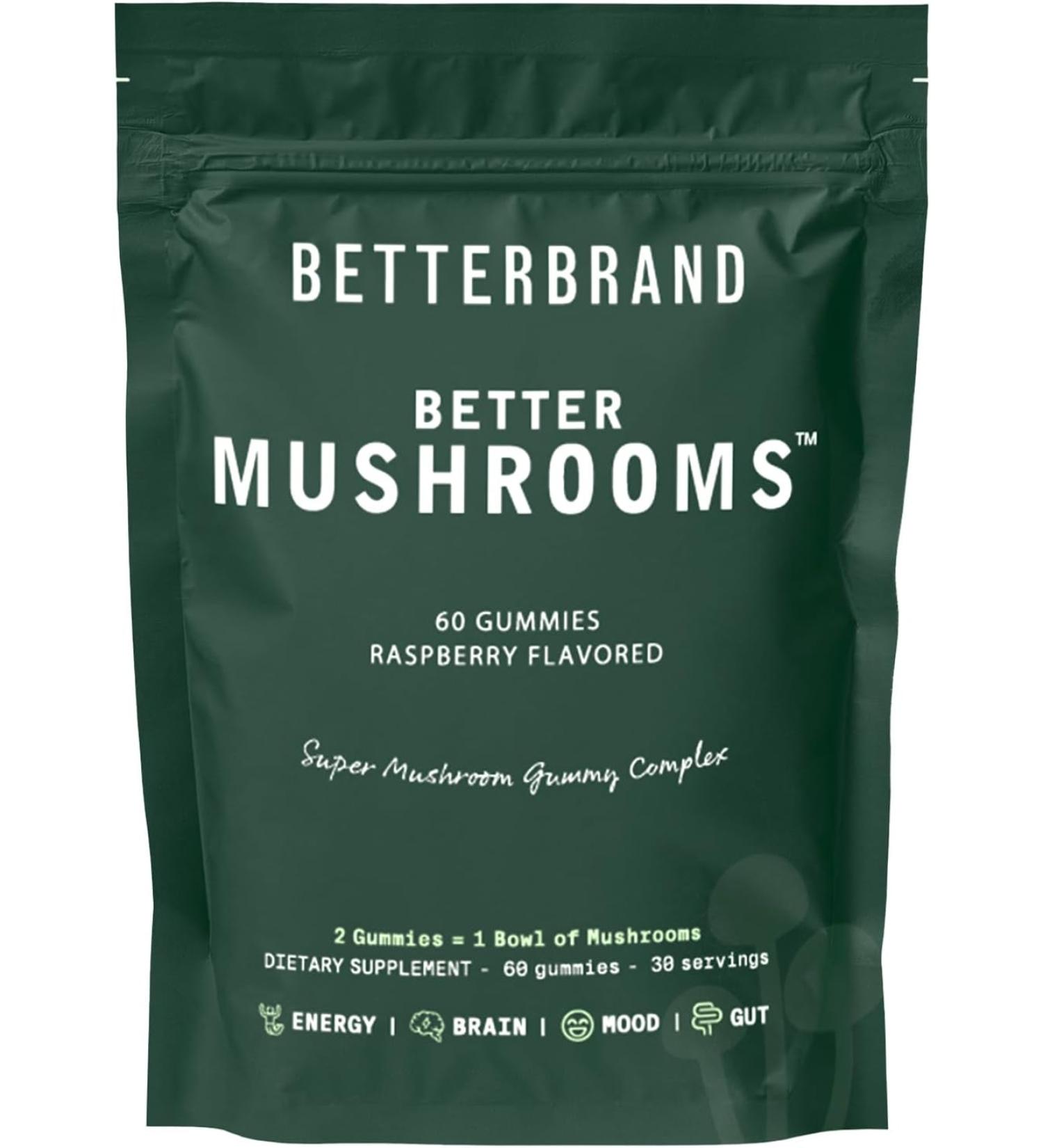 Betterbrand BetterMushrooms Mushroom Gummies for Gut Health, Metabolism, Energy & Focus - Lion's Mane, Cordyceps, Chaga & Maitake - Immune Support (1 Bottle) - Buy Online on GoSupps.com