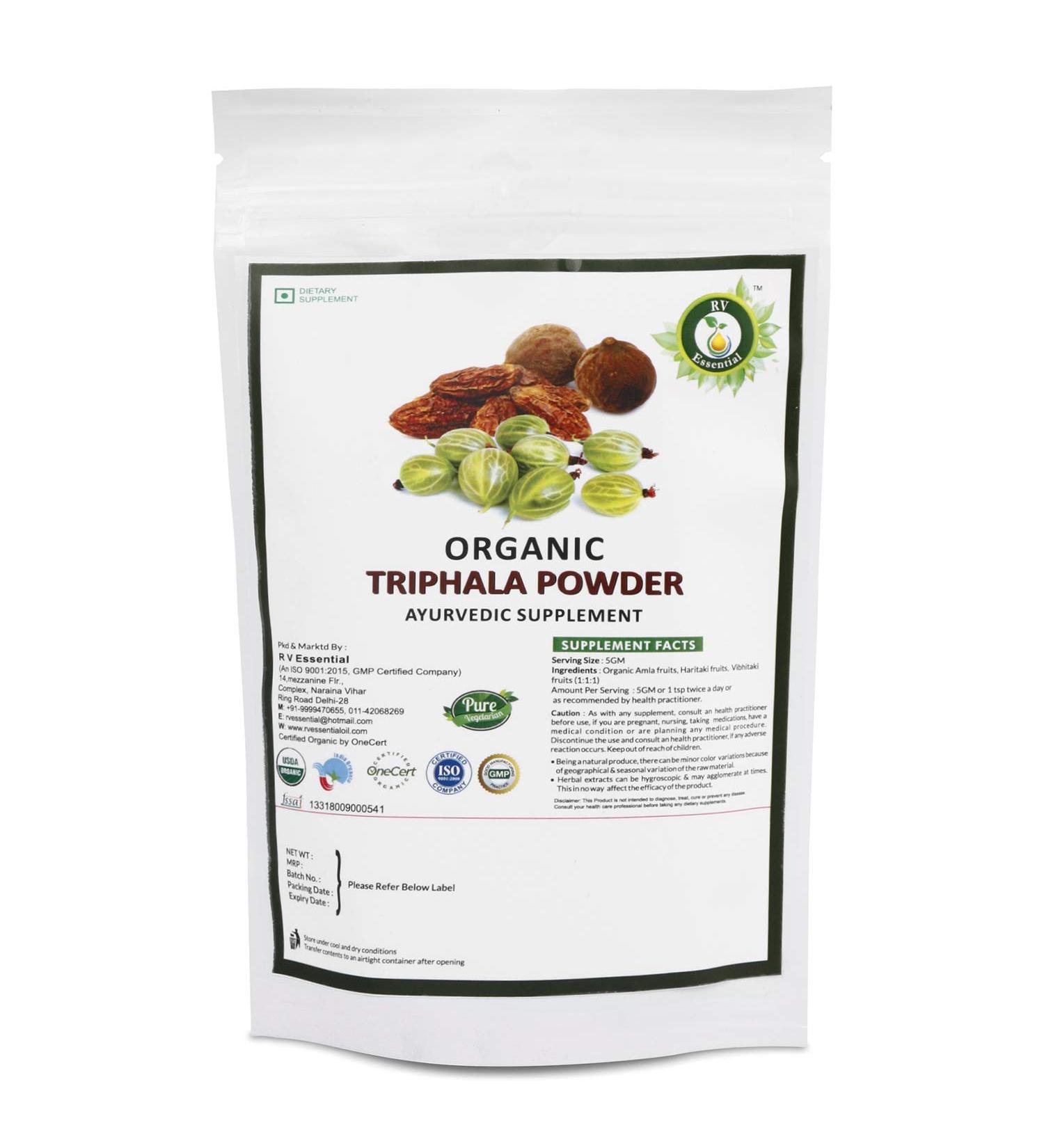 R V Essential Organic Triphala Powder 200gm/ 7.05oz/ 0.44lb- Made from Haritaki, Vibhitaki and Amla 1:1:1 Triphala Churna Powder USDA Organic Certified Ayurvedic Herbal Supplement in Zip Lock Pouch 1 Count (Pack of 1)