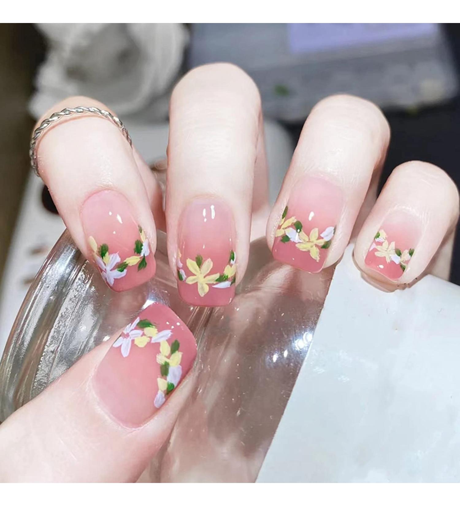 JUSTOTRY 24 Pcs Gradient Pink Floral Square Short False Nails with Nail Glue - Trendy Daisy Pattern Squoval Fake Nails for Women - Buy Online on GoSupps.com