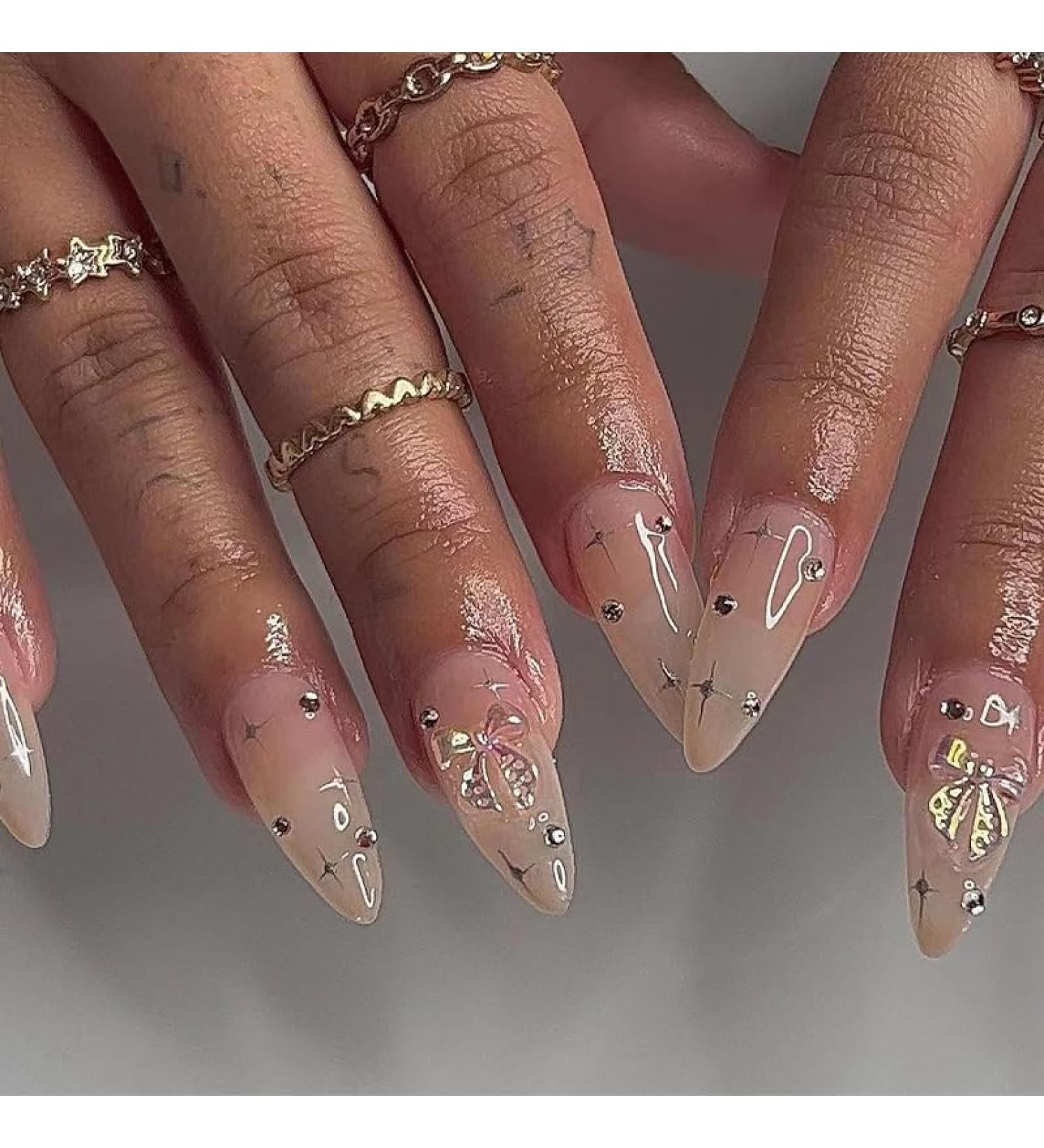 Buy Medium Almond Press-On Nails with 3D Charms | Opaque Full Cover Fake Nails for Women - Nude Gradient Pearl Design A01 - Buy Online on GoSupps.com