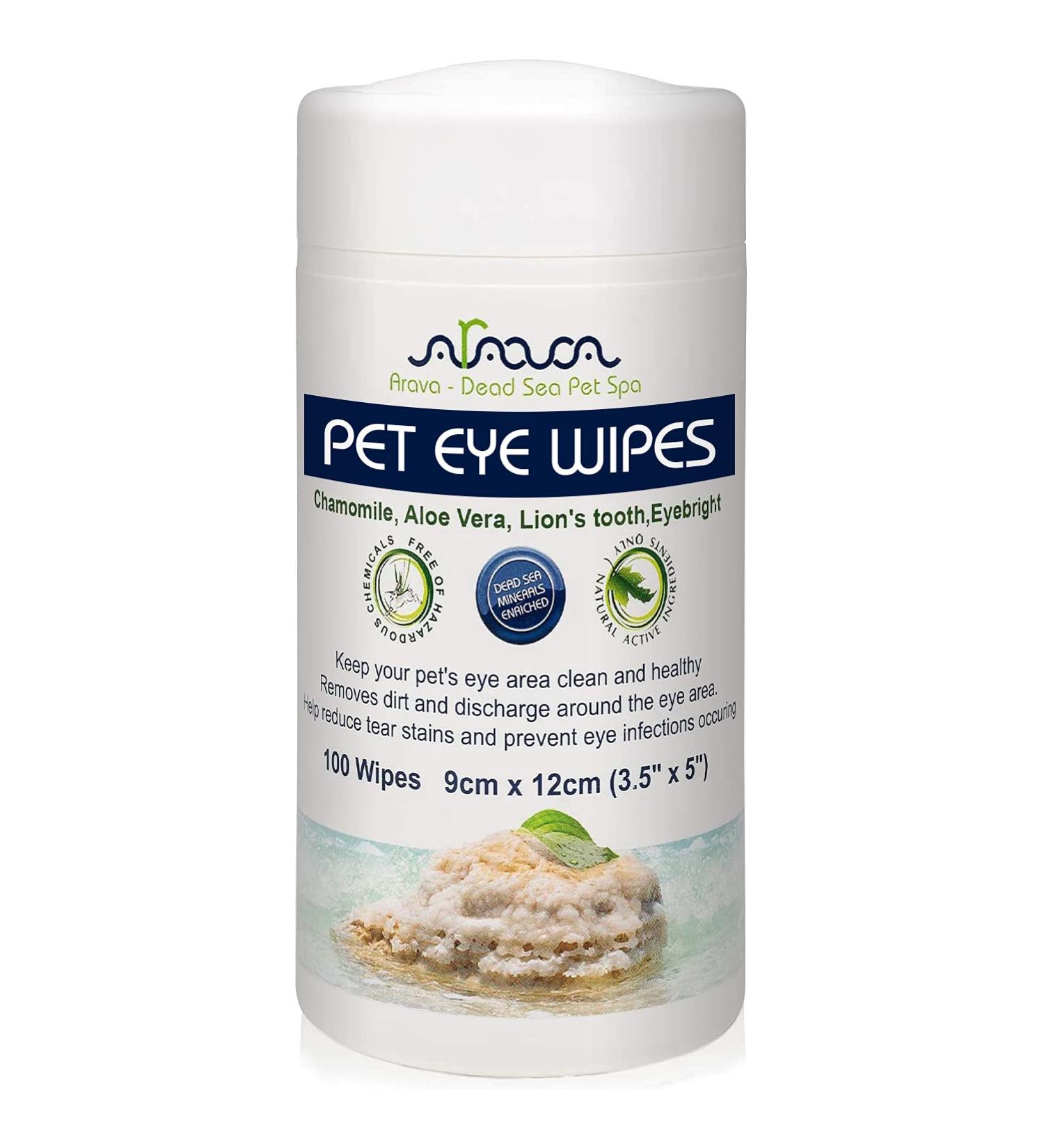 Arava Pet Eye Wipes - 100 Count - Natural Aromatherapy Medicated for Dogs Cats - Removes Dirt Crust Discharge - Prevents Tear Stains Infections & Irritations - Buy Online on GoSupps.com