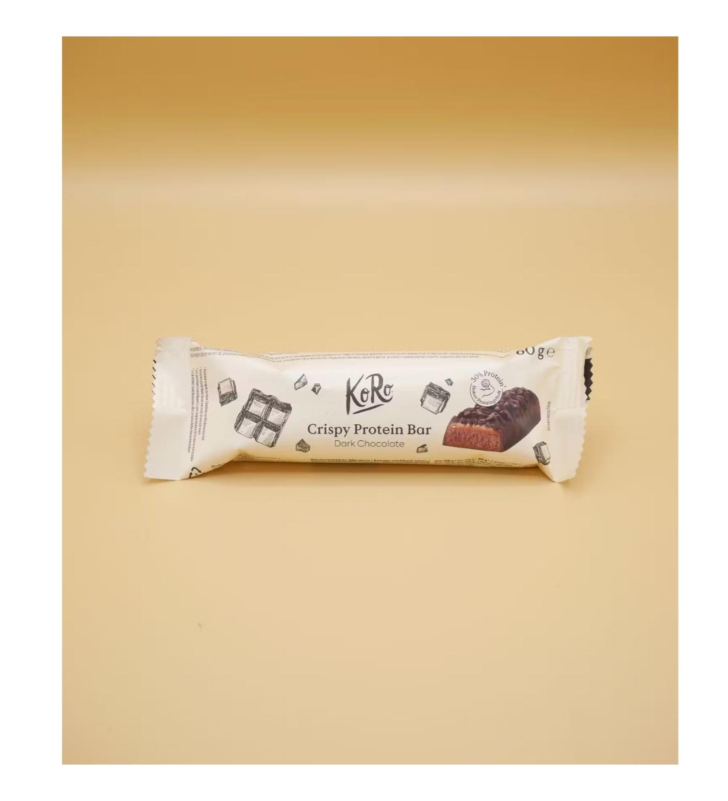 Sugar-free dark chocolate crunchy protein bar 60 g format.
