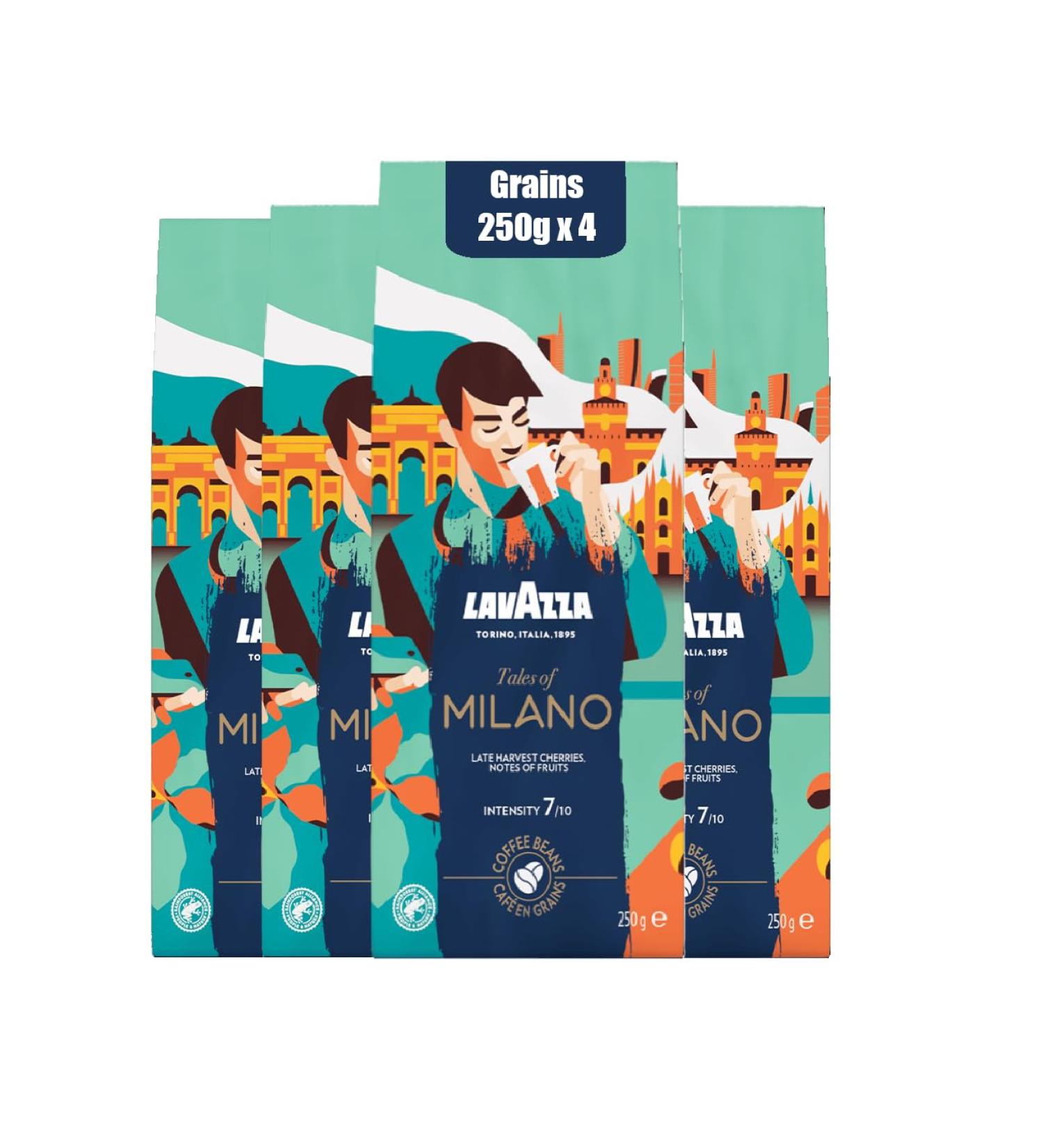 Lavazza Tales of Milano Grains de caf pour machine expresso 100% arabica intensit 7/10 degr de torr faction clair 4x250 g 1kg