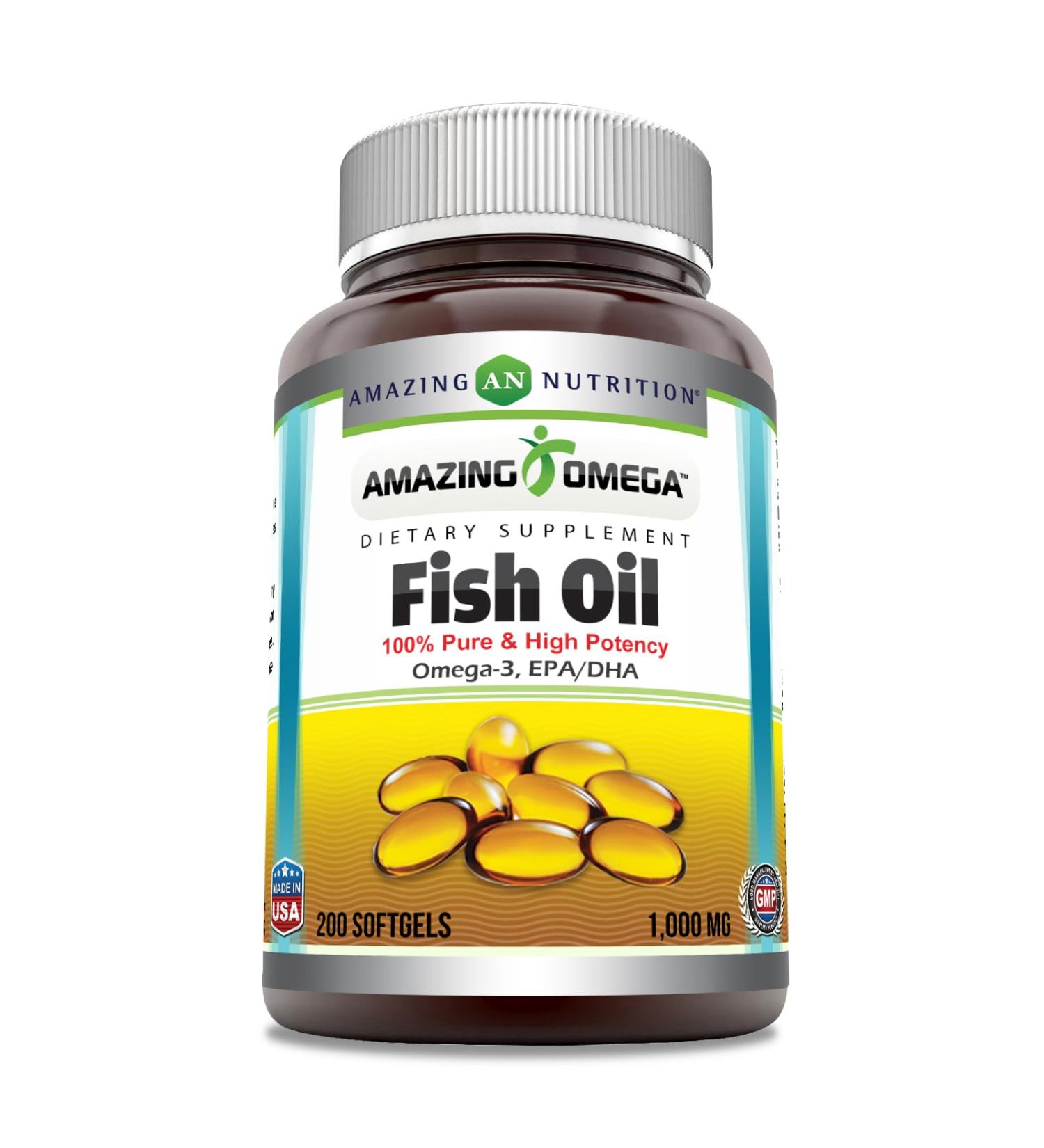 Amazing Omega Fish Oil 1000 mg Softgels Supplement | Omega-3 180 mg EPA. 120 mg DHA | High Potency (200 Count)