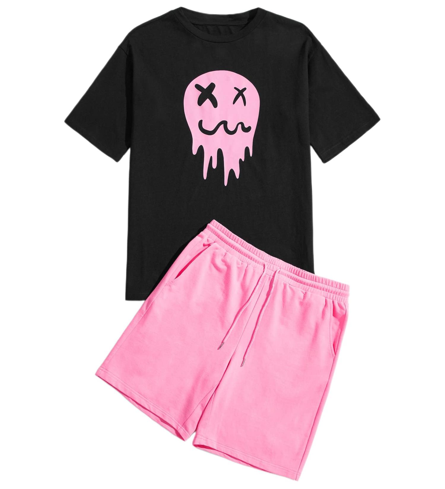 Romwe Men's Graphic Print T Shirt and Shorts Set - Black/Pink, Medium - Buy Online on GoSupps.com
