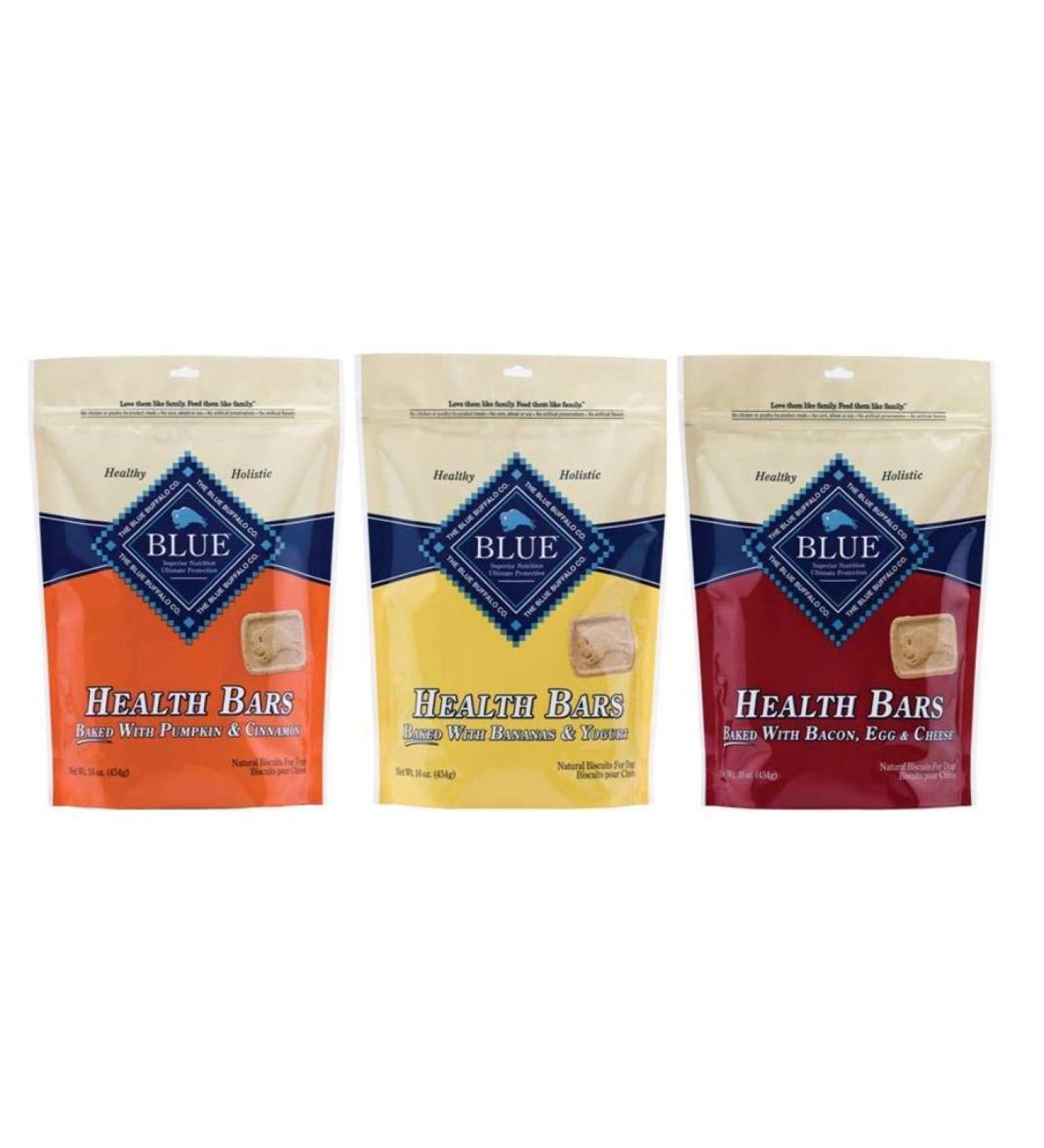 Blue Buffalo Blue Health Bars Natural Baked Dog Biscuits 3 Flavor Variety Bundle: (1) Blue Health Bars Baked With Pumpkin & Cinnamon (1) Blue Health Bars Baked With Bananas & Yogurt and (1) Blue Health Bars Baked With Bacon Egg & Cheese 16 Oz. Ea. (3 Bags