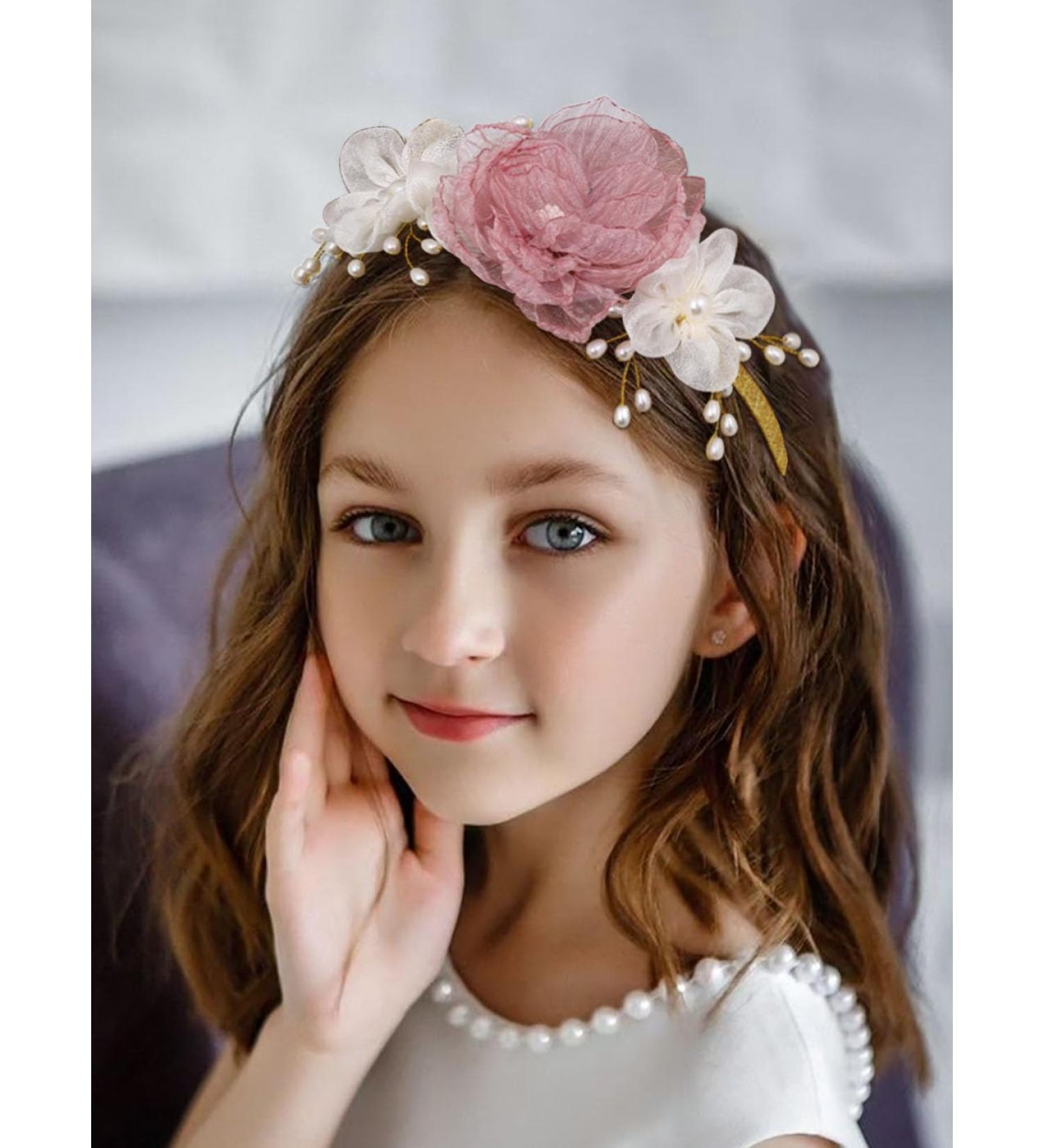 IYOU Girls Princess Headband Pink Flower Hair Bands Pearls Birthday Wedding Communion Hair Accessories for Kids - Buy Online on GoSupps.com
