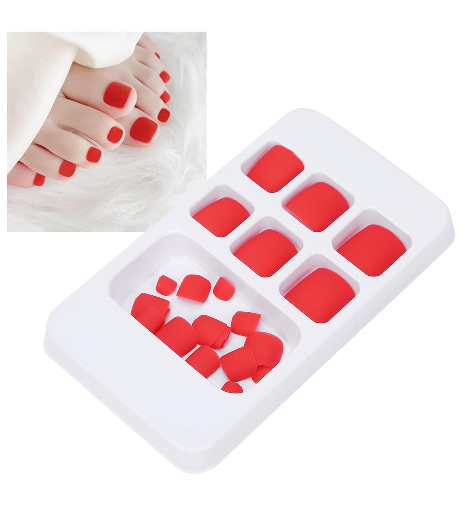Brrnoo 24-Piece Monochrome False Toenails - Press-On Short Quadratic Fake Toenails for Women & Girls - Red | International Shipping Available - Buy Online on GoSupps.com